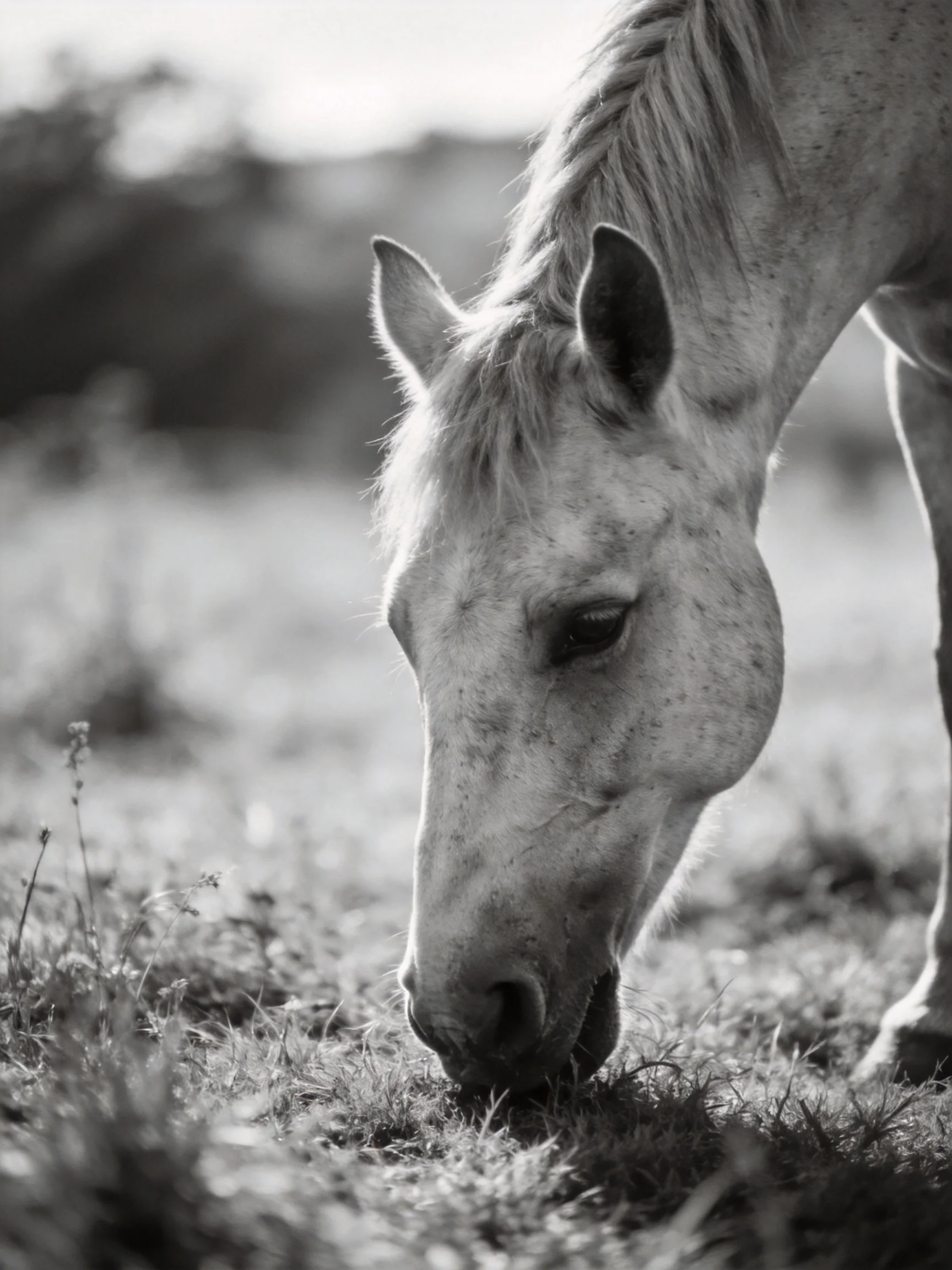 A black-and-white close-up of a horse grazing in a field