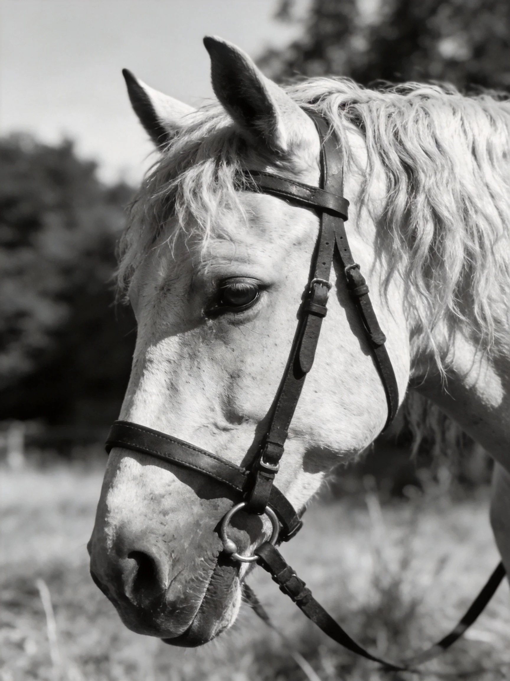 A black and white close-up of a horse with a bridle in an outdoor setting