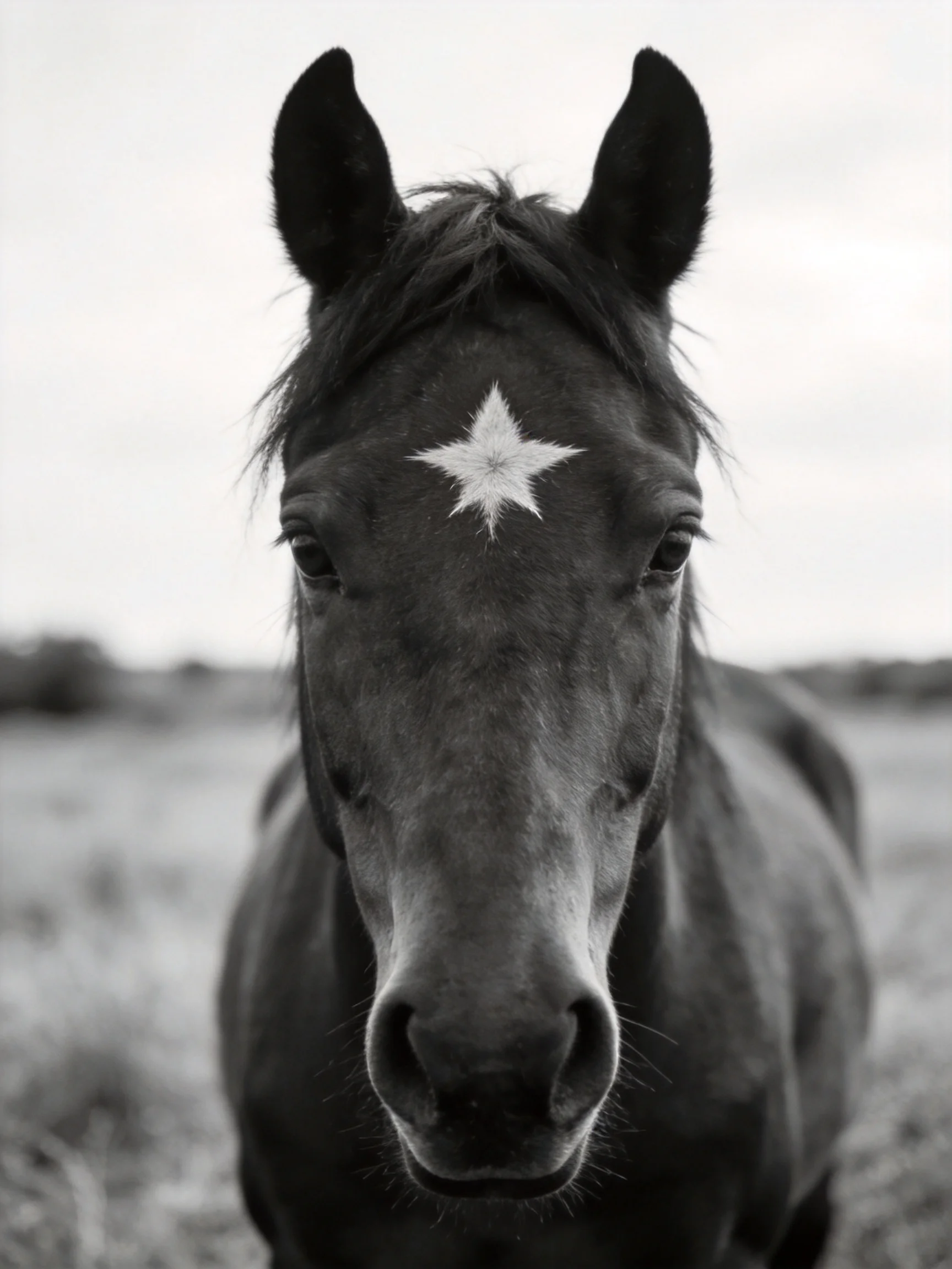 A black-and-white close-up of a horse with a star marking on its forehead