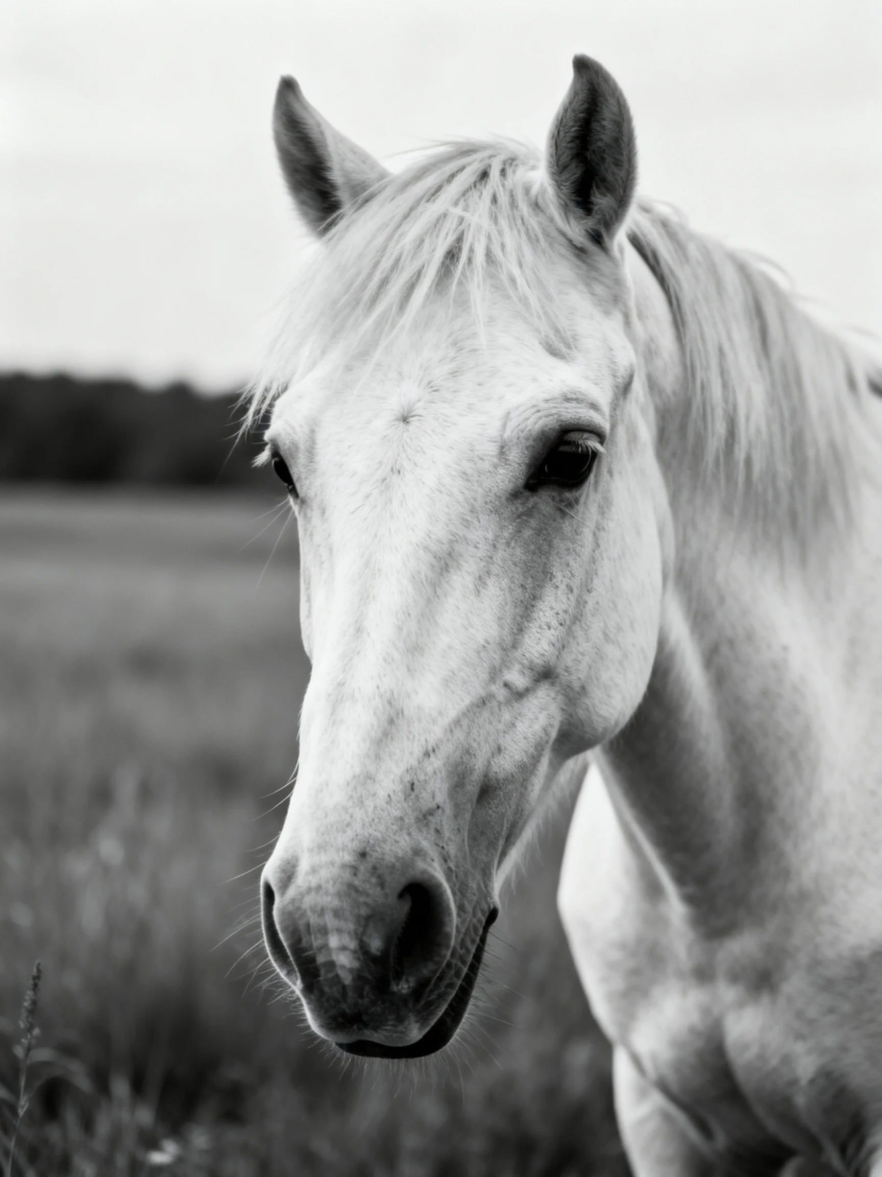 A black and white image shows a horse with a flowing mane in a natural setting.