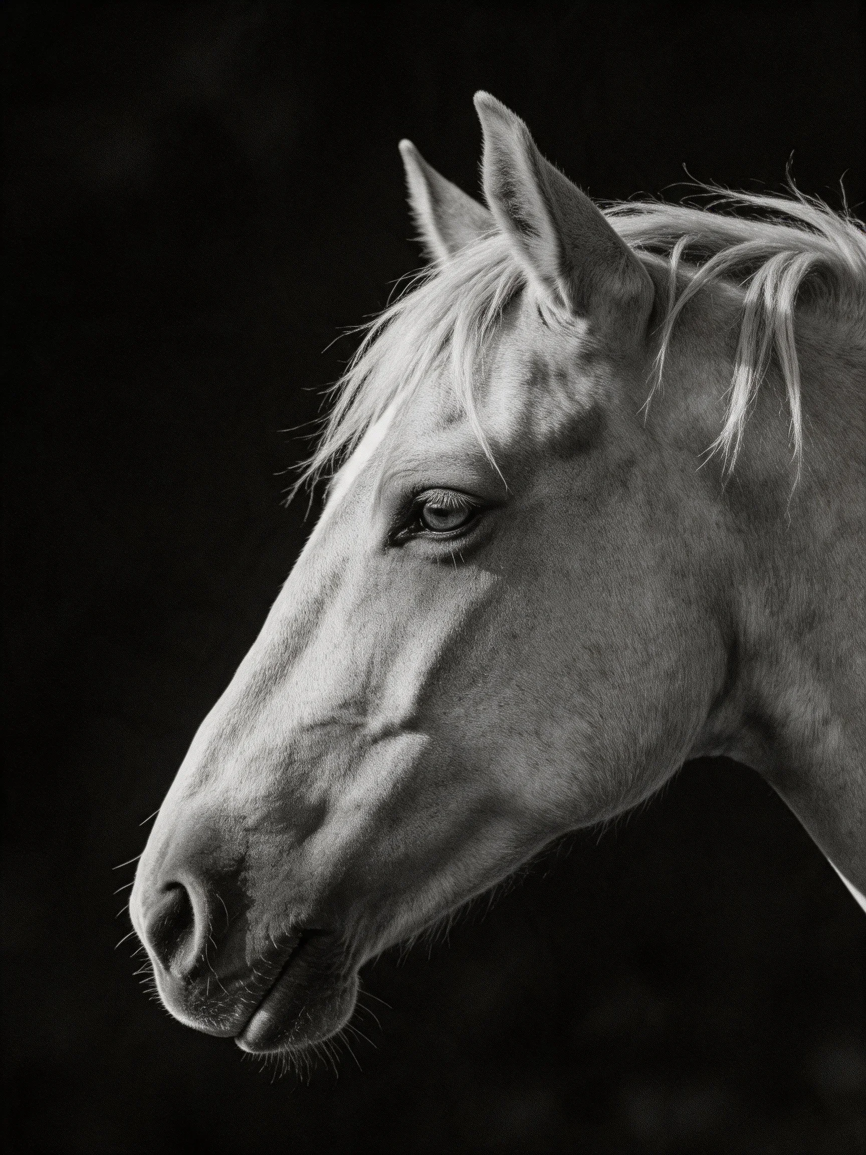 A black and white close-up of a light-toned horses profile