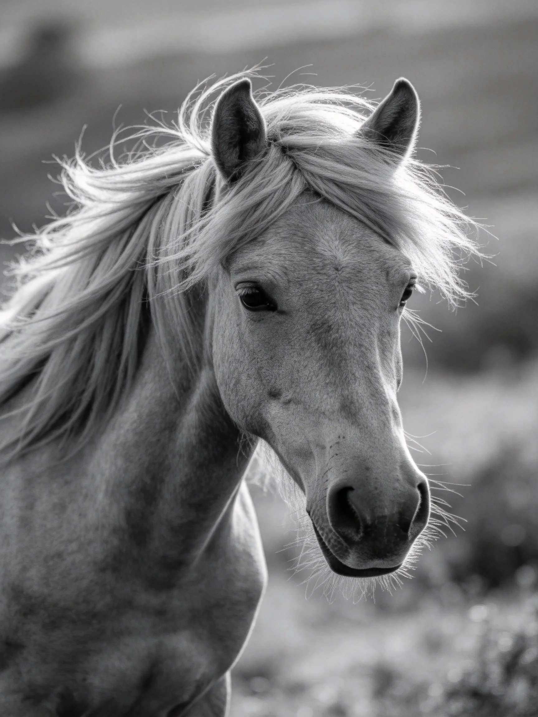 A black and white close-up portrait of a horse with flowing mane