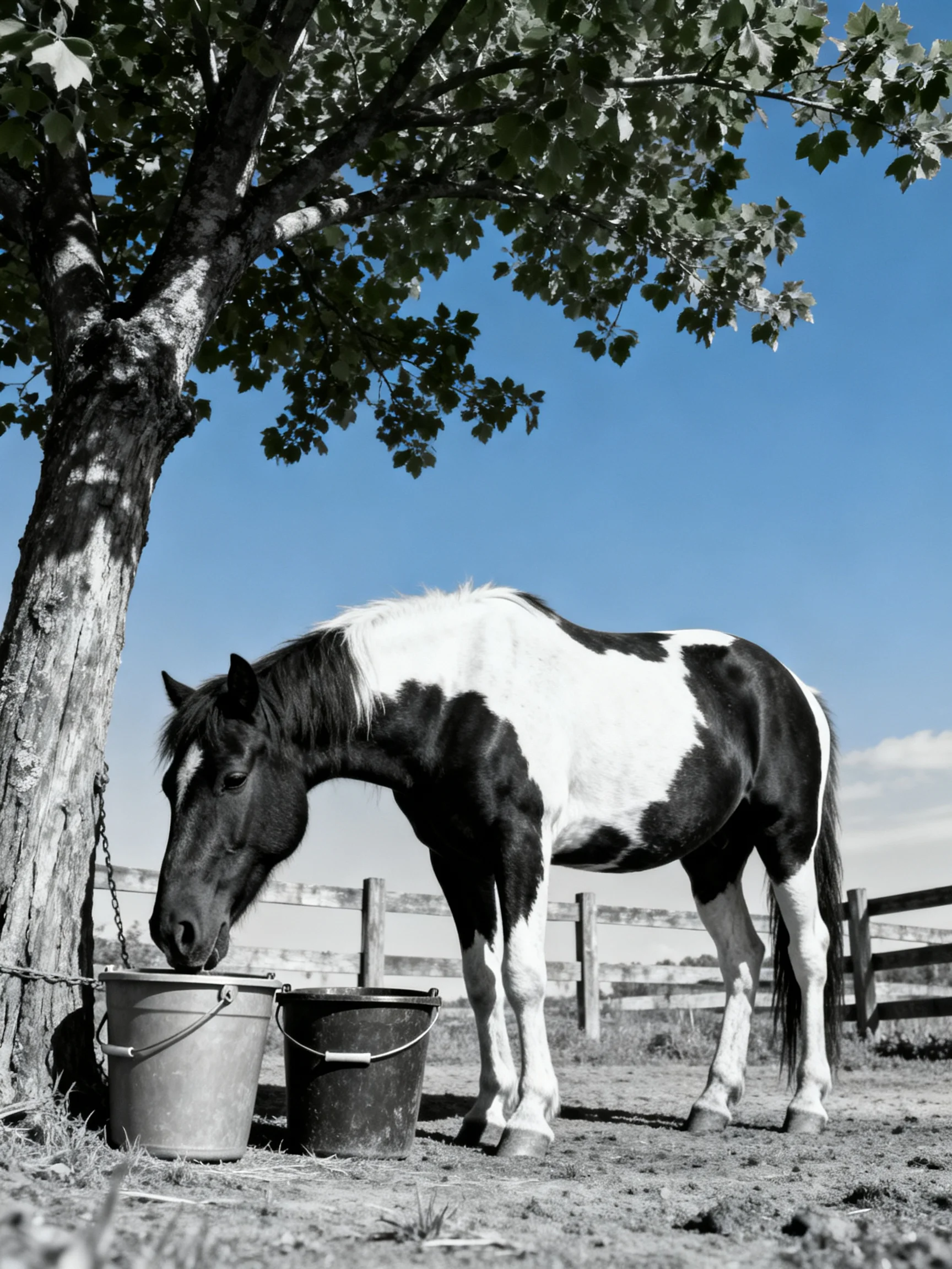 A black and white horse drinks from two buckets near a shaded tree