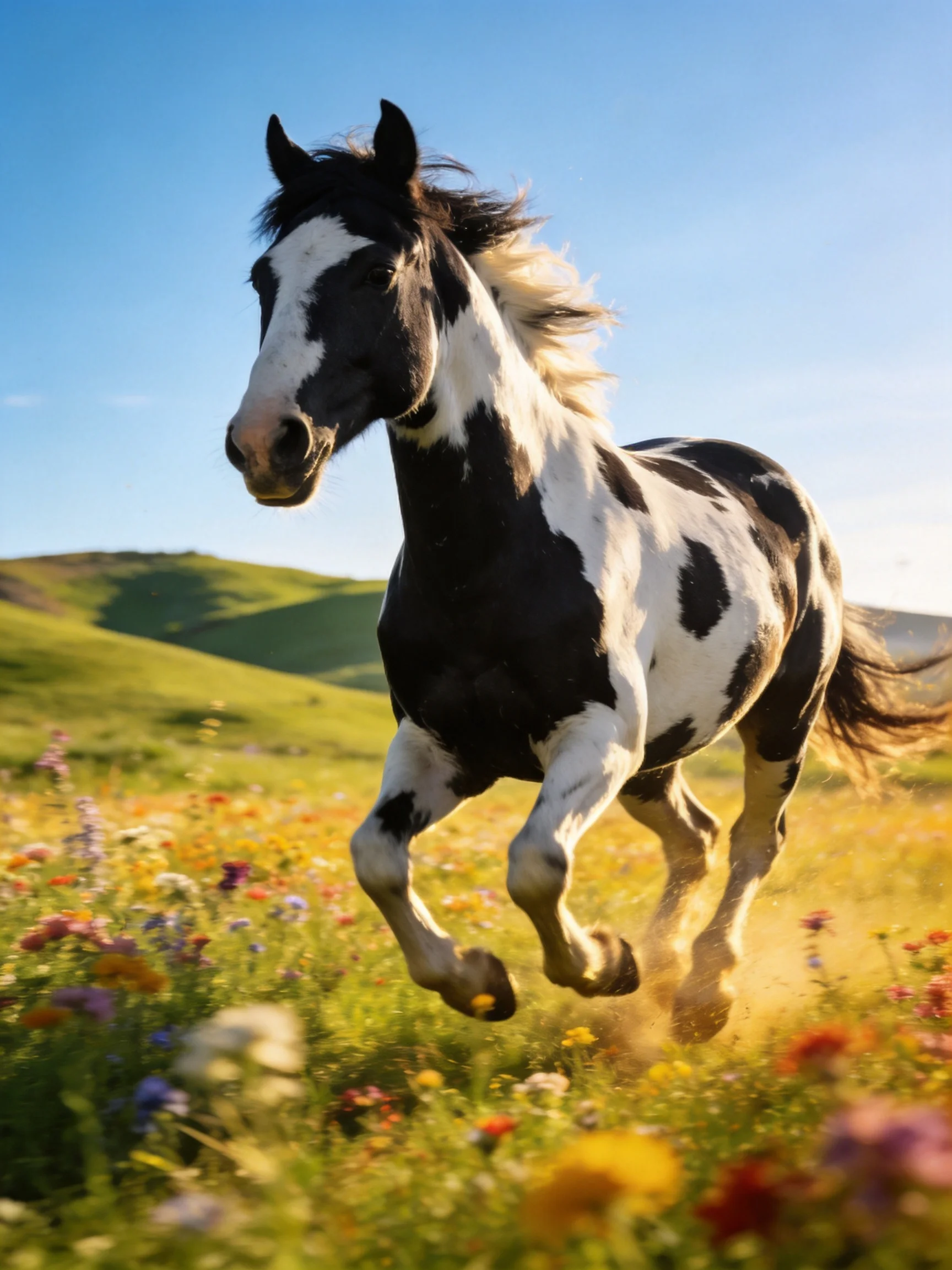 A black-and-white horse galloping through a colorful flower meadow