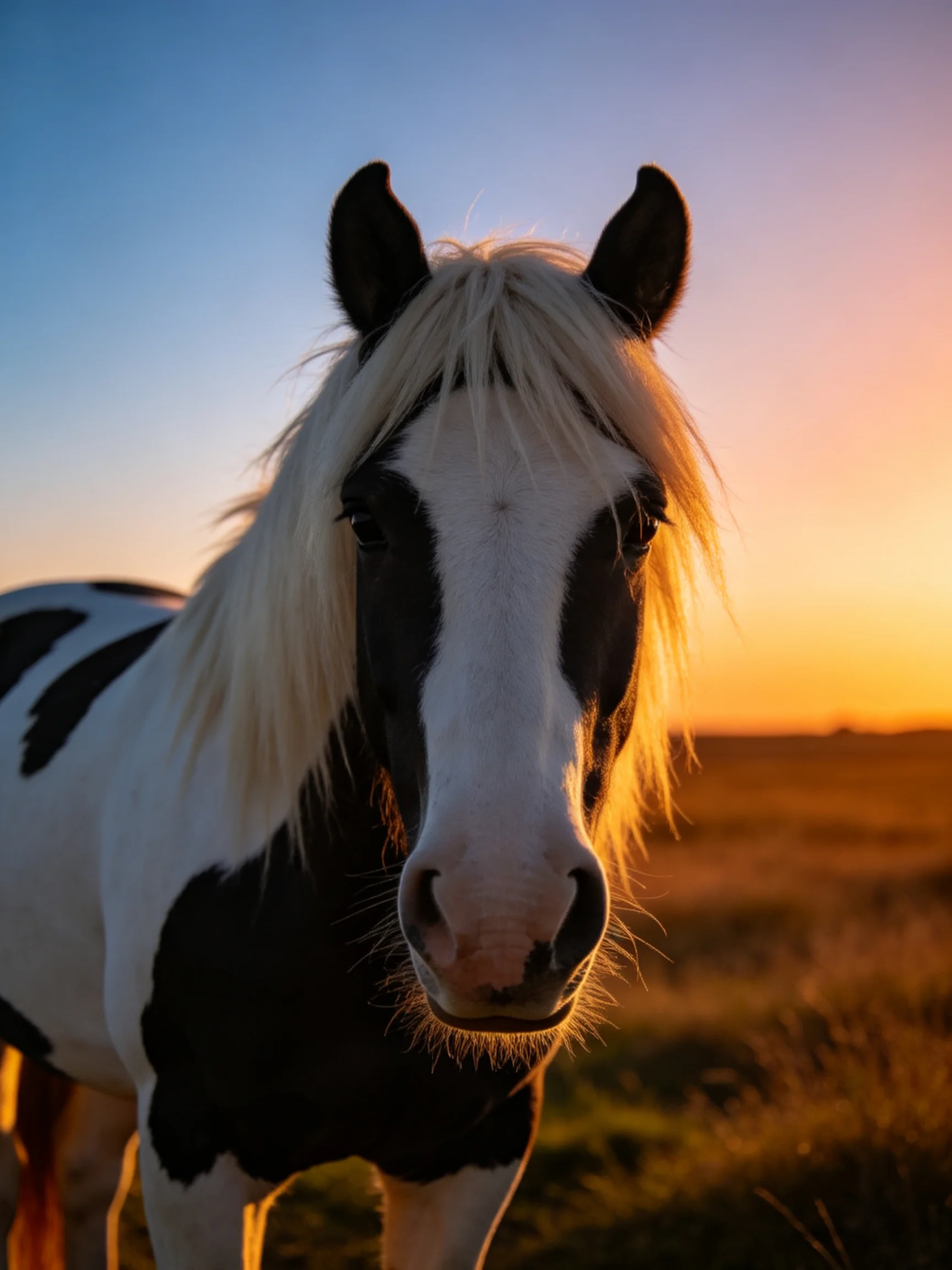 A black and white horse looks directly at the viewer during a golden sunset in an open field.