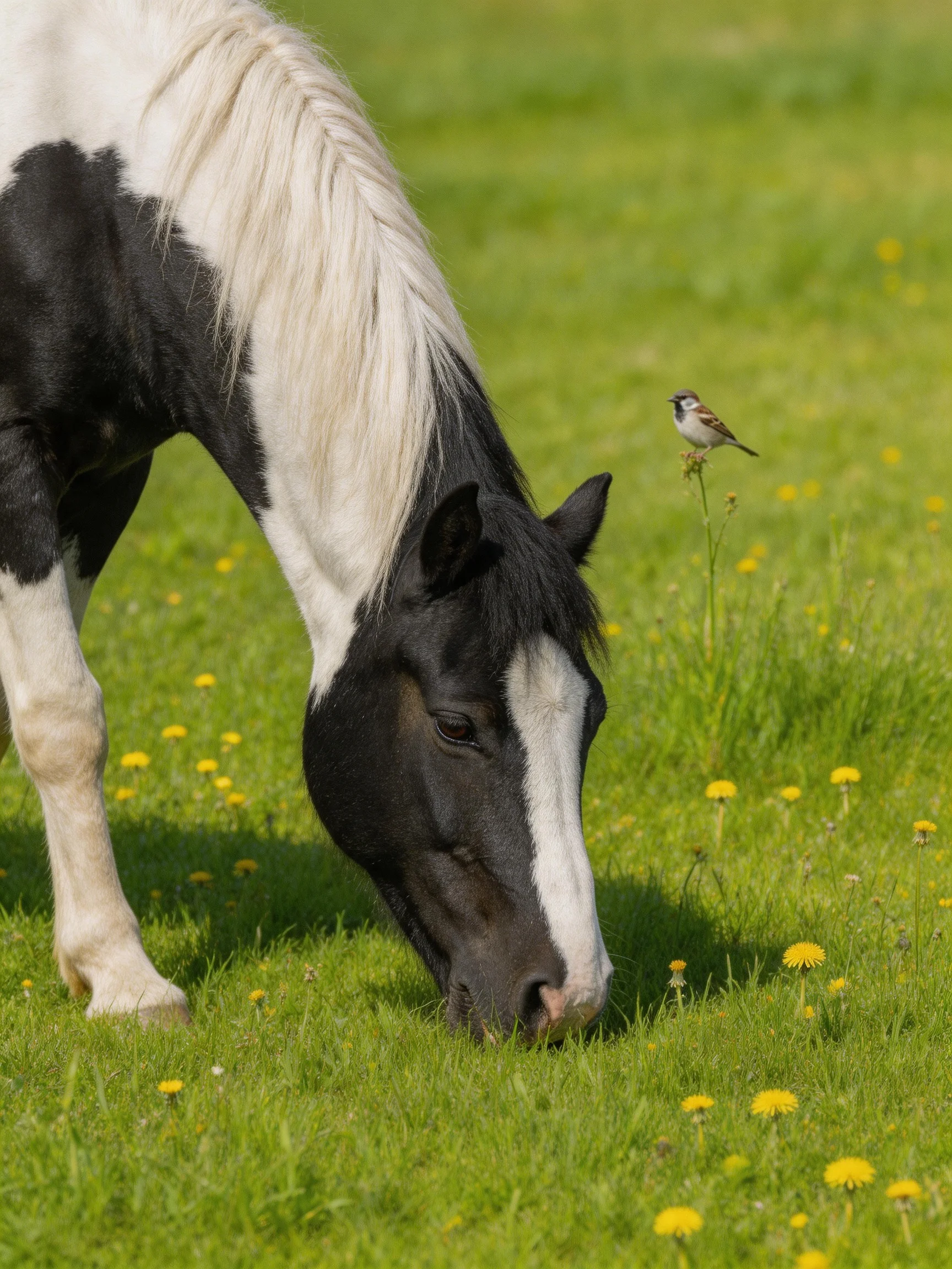 A black-and-white horse grazes in a green meadow with yellow flowers