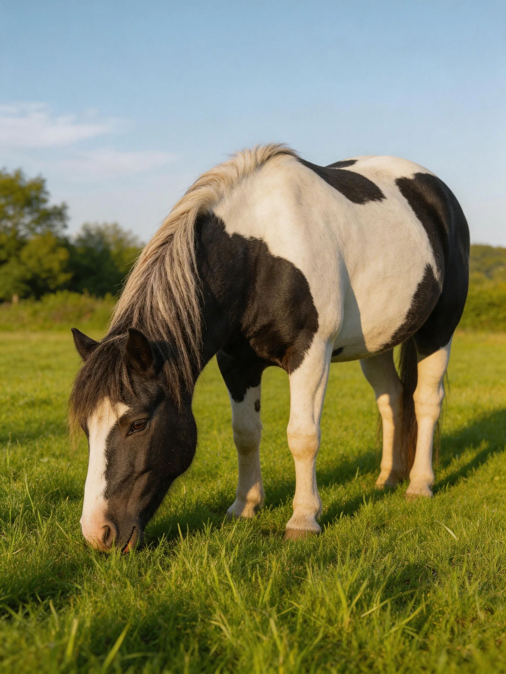 A black and white horse grazes in a lush green meadow under clear blue sky