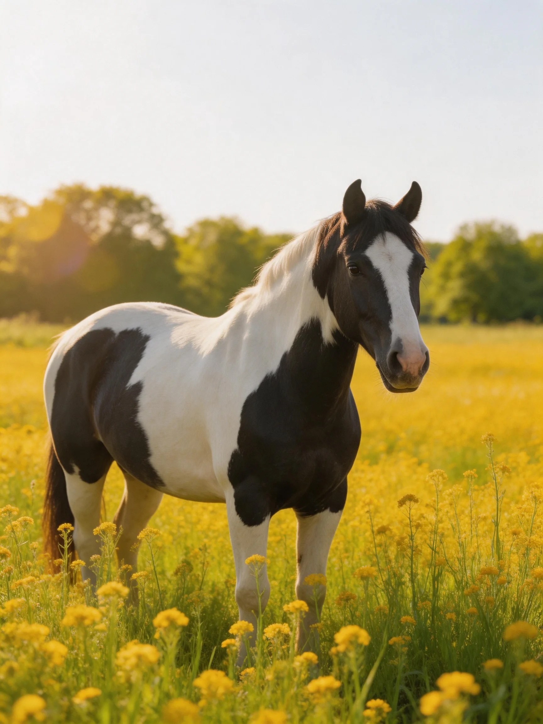 A black-and-white horse stands in a sunlit yellow flower meadow.