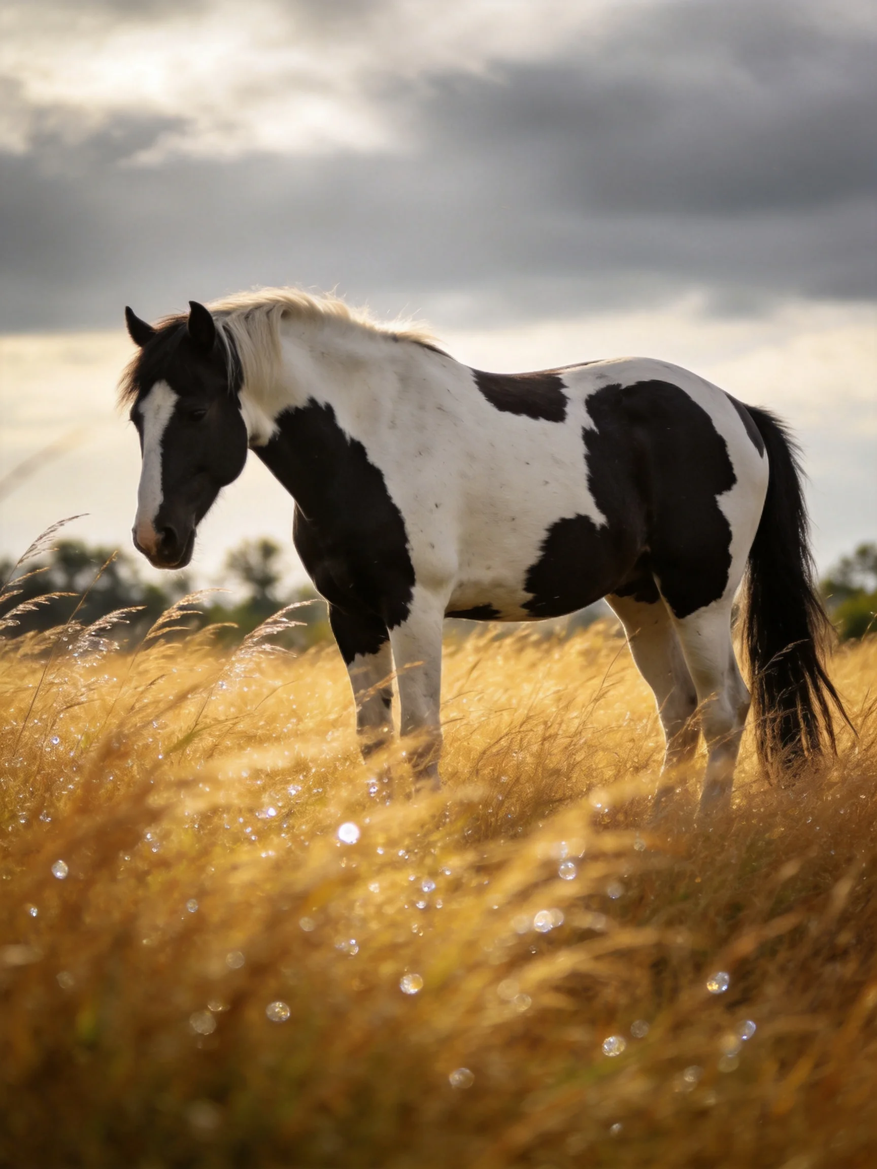 A black-and-white horse stands in golden grass under cloudy skies.