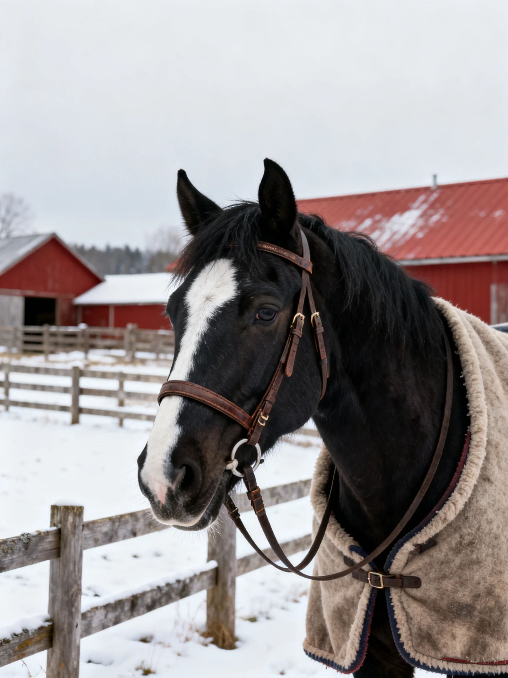 A black and white horse stands near red barns in a snowy farm setting.