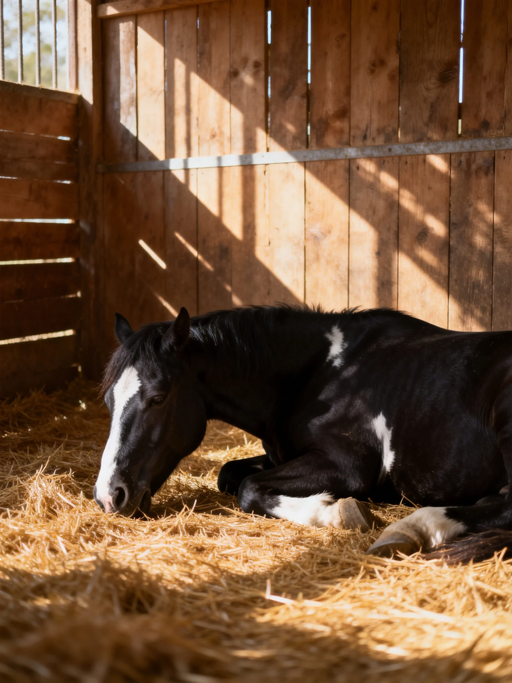 A black and white horse rests in a sunlit wooden stable with straw bedding