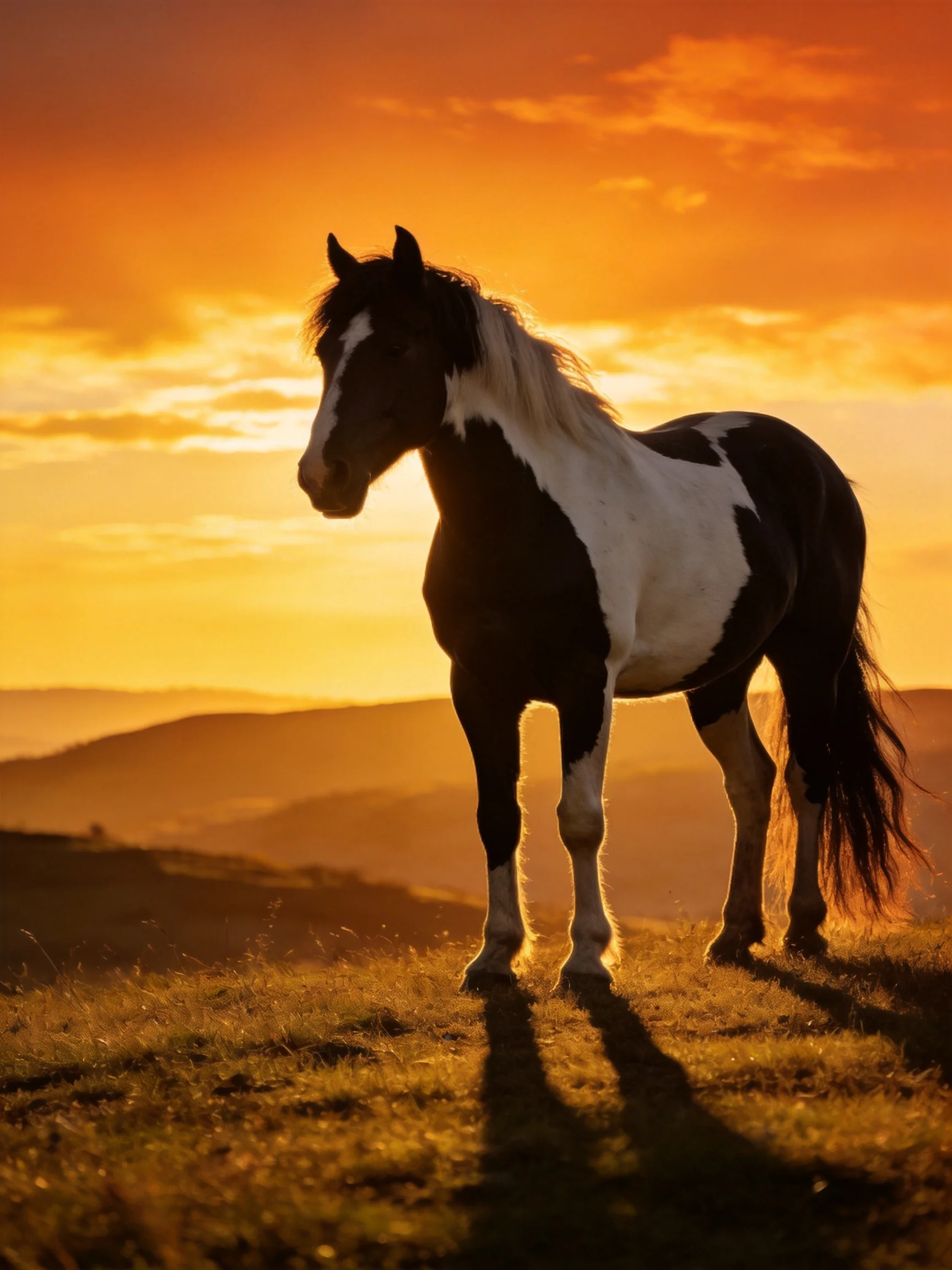 A black-and-white horse is silhouetted during a golden sunset over hilly terrain.