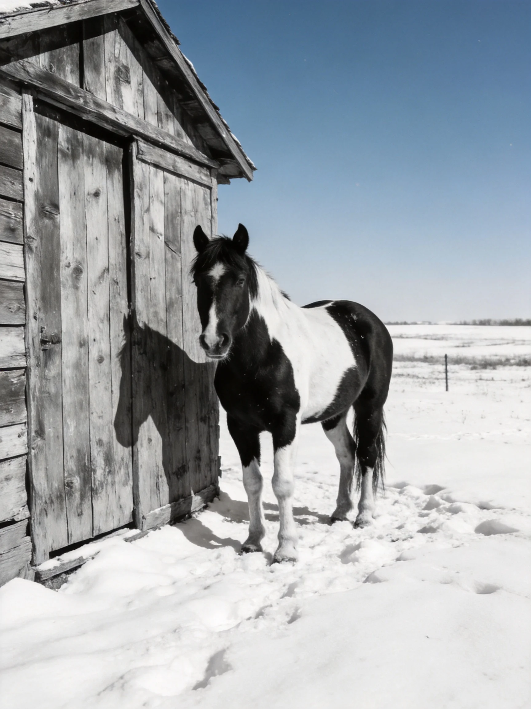 A black and white horse stands next to an old wooden shed in a snowy landscape.