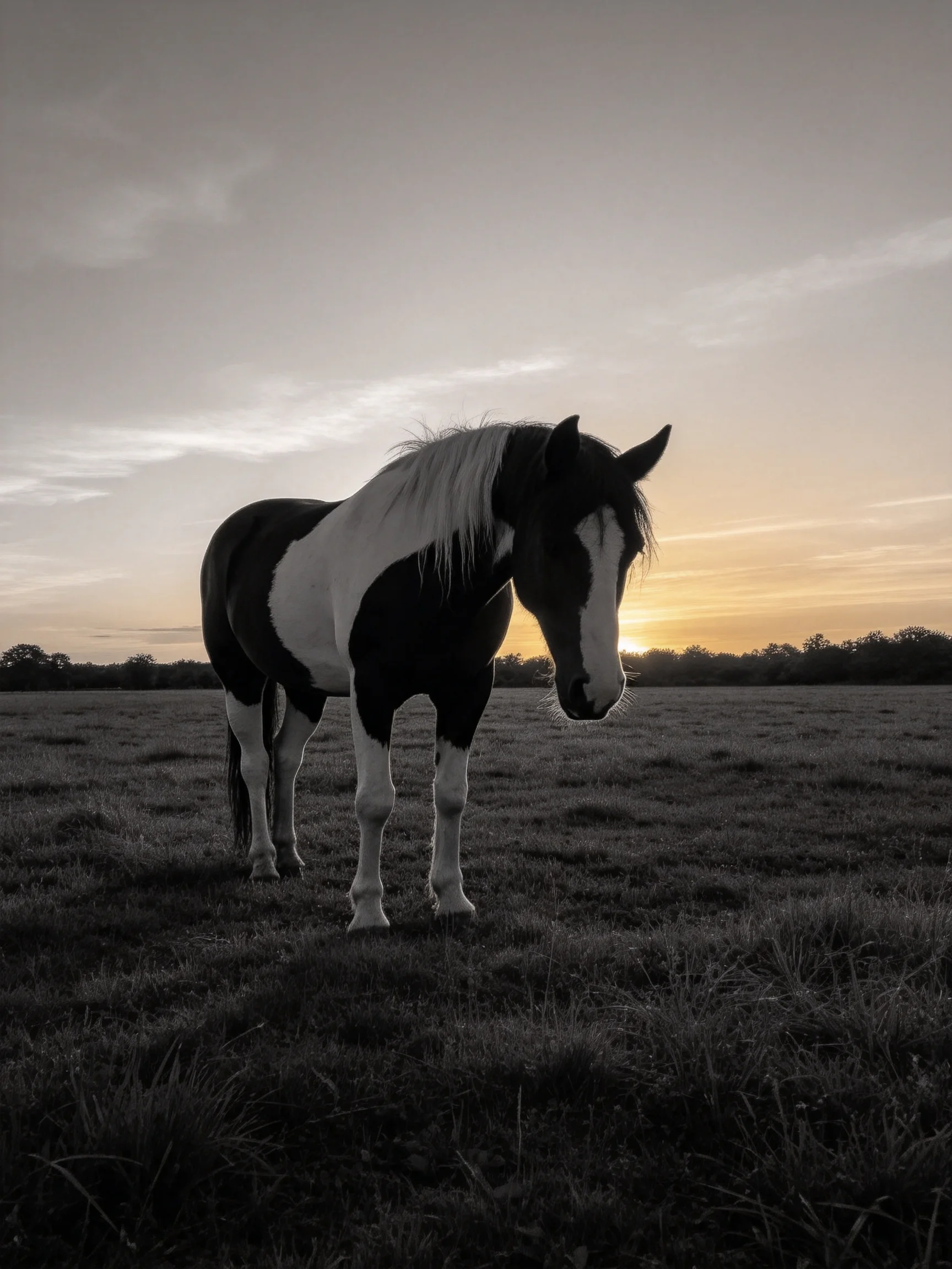 A black and white horse stands alone in a field as the sun sets.