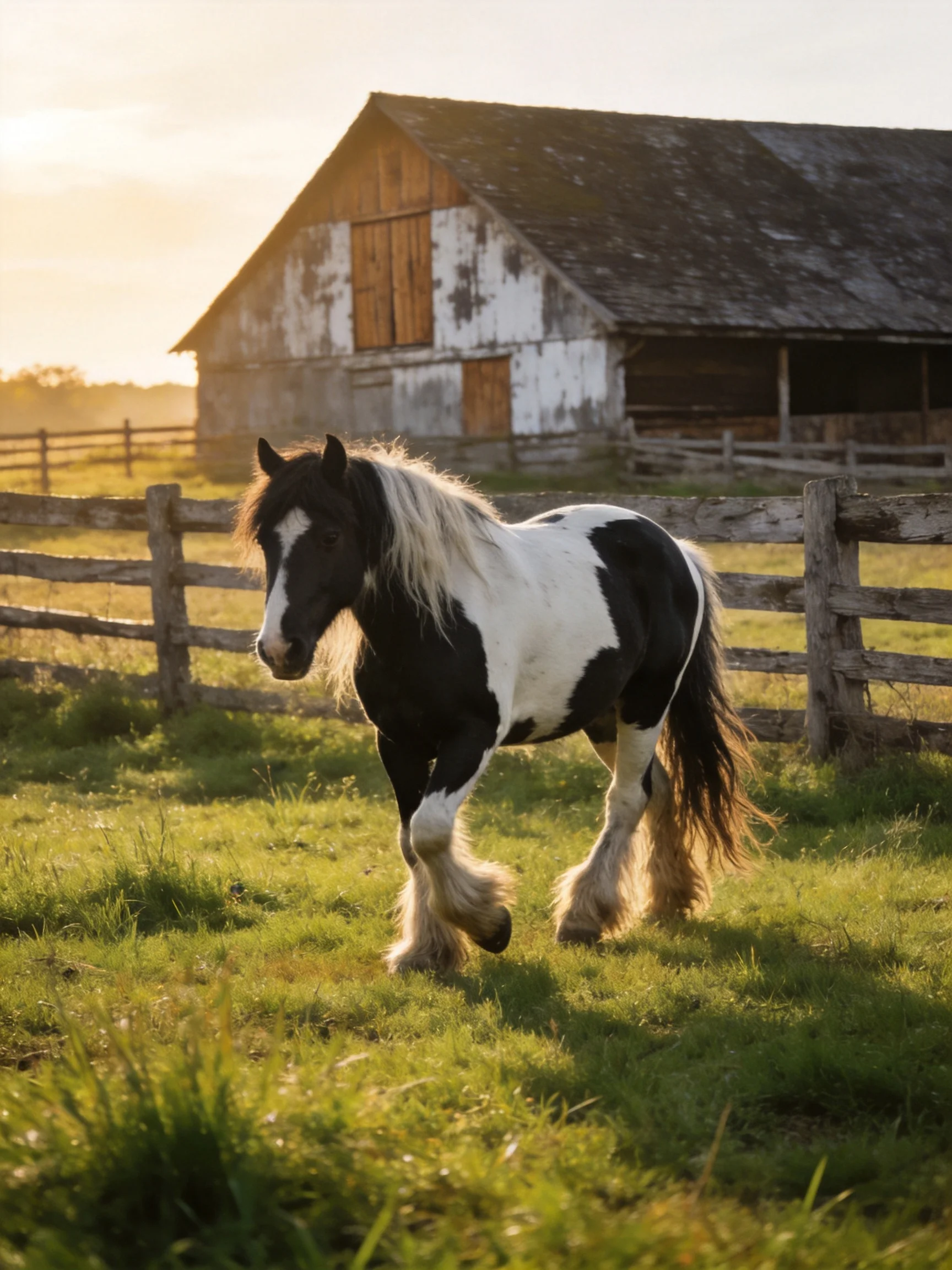 A black and white horse trotting near an old weathered barn