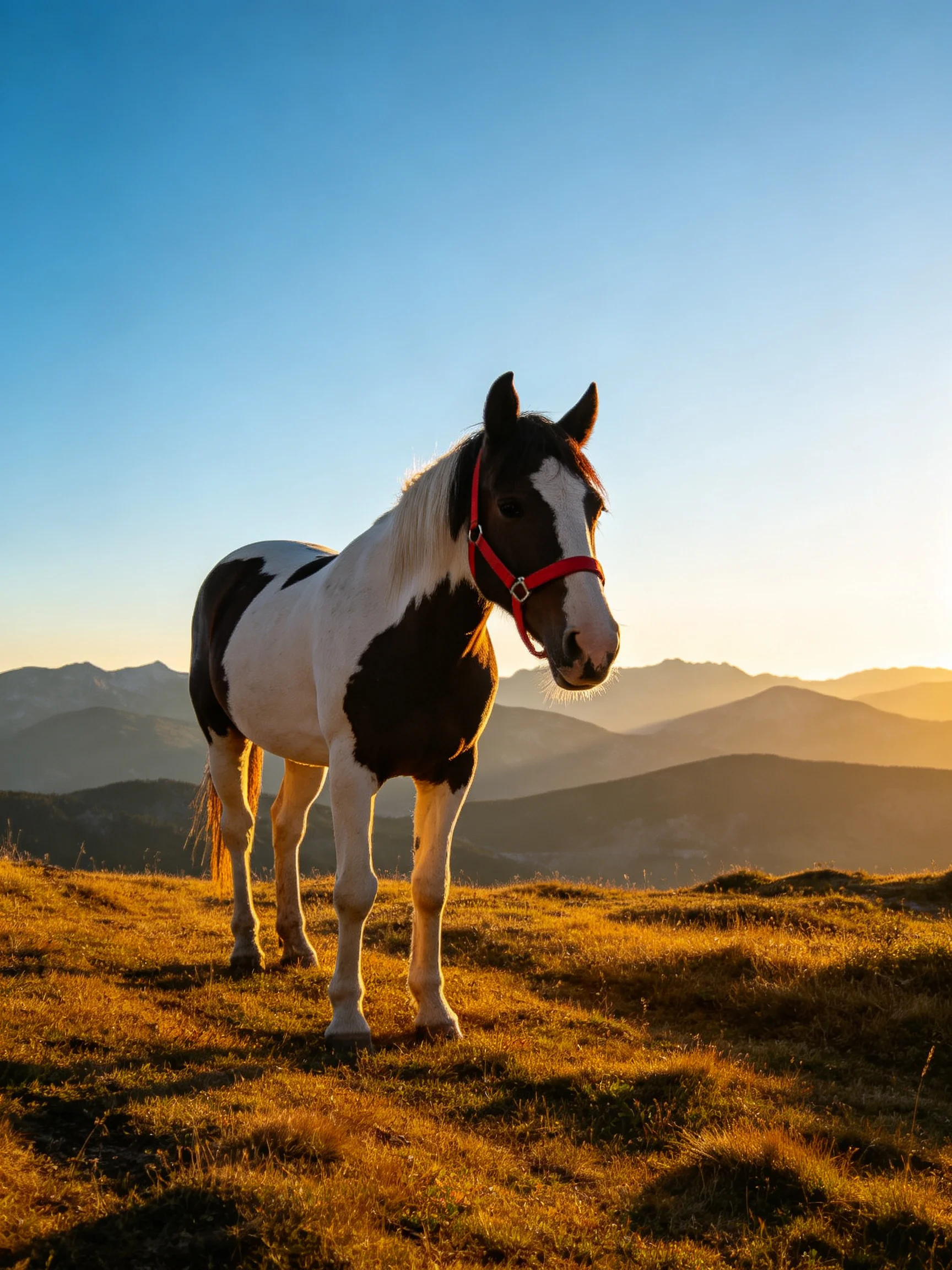 A black-and-white horse with a red halter stands on a grassy hillside with distant mountains.