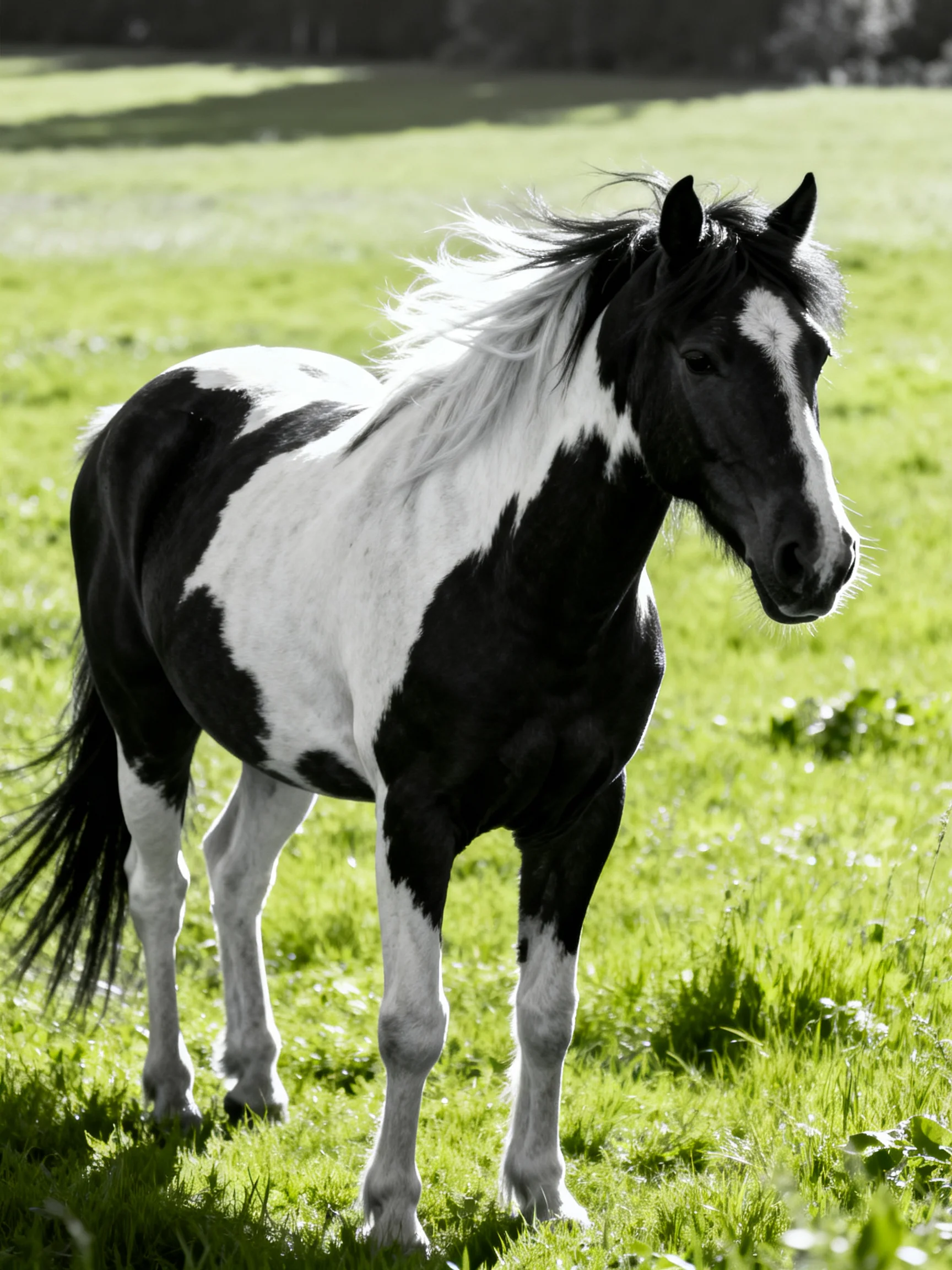A black and white paint horse stands in a sunlit green meadow