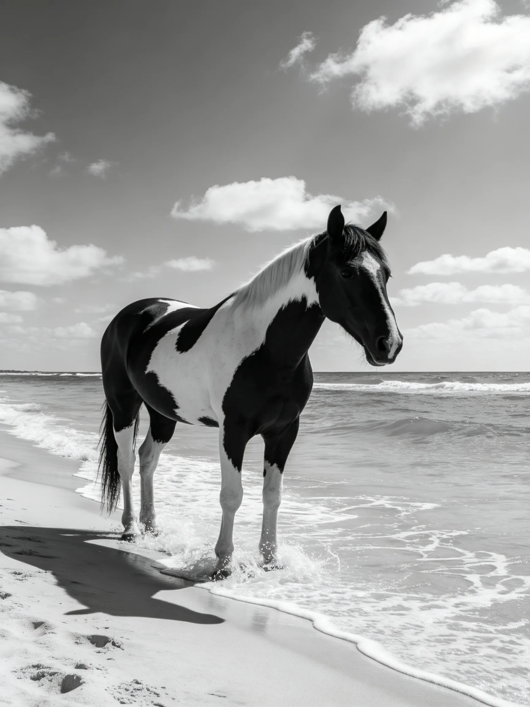 A black and white paint horse stands in shallow ocean waves on a sandy shore