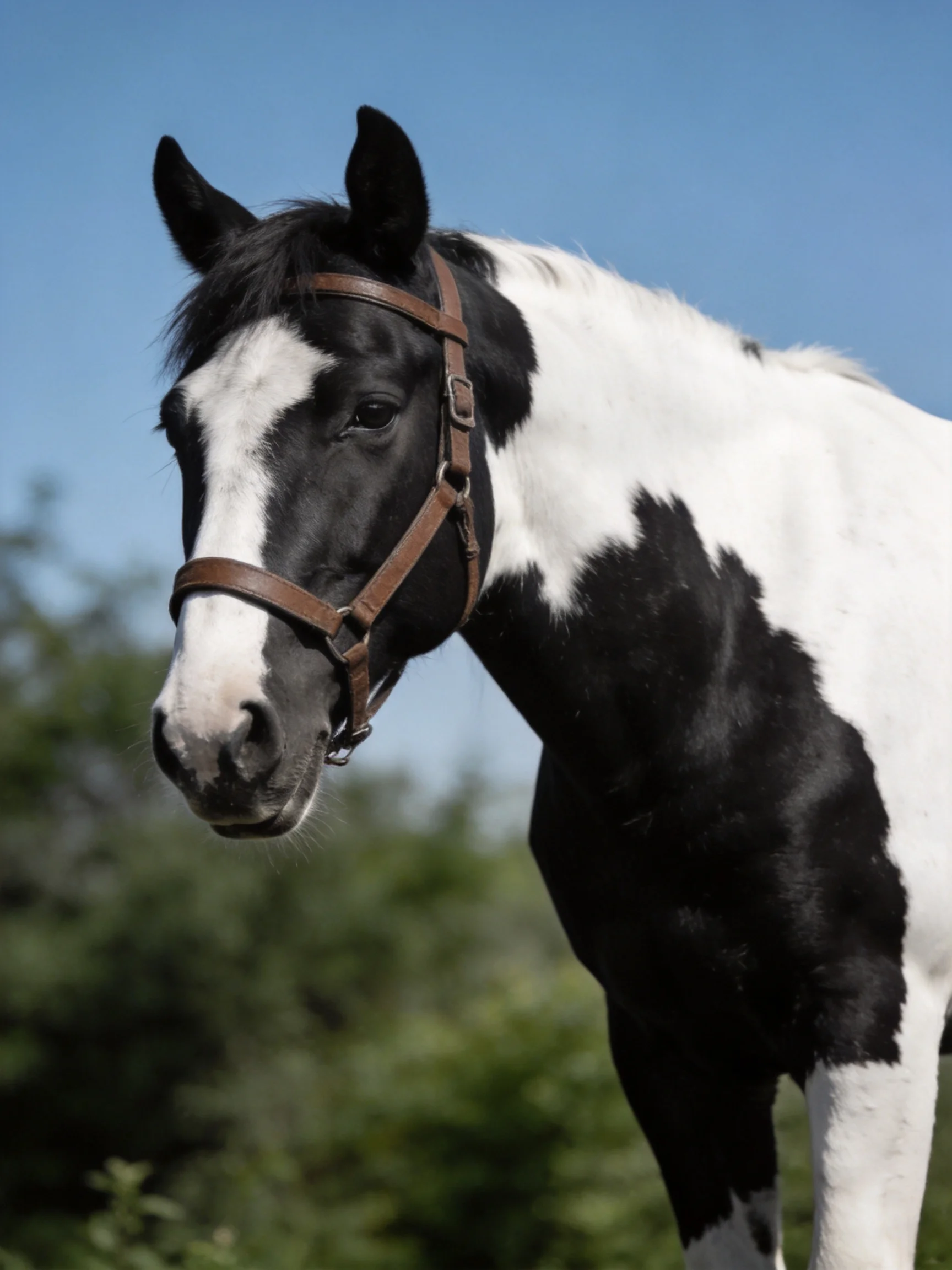 A black and white paint horse witha brown leather halter outdoors