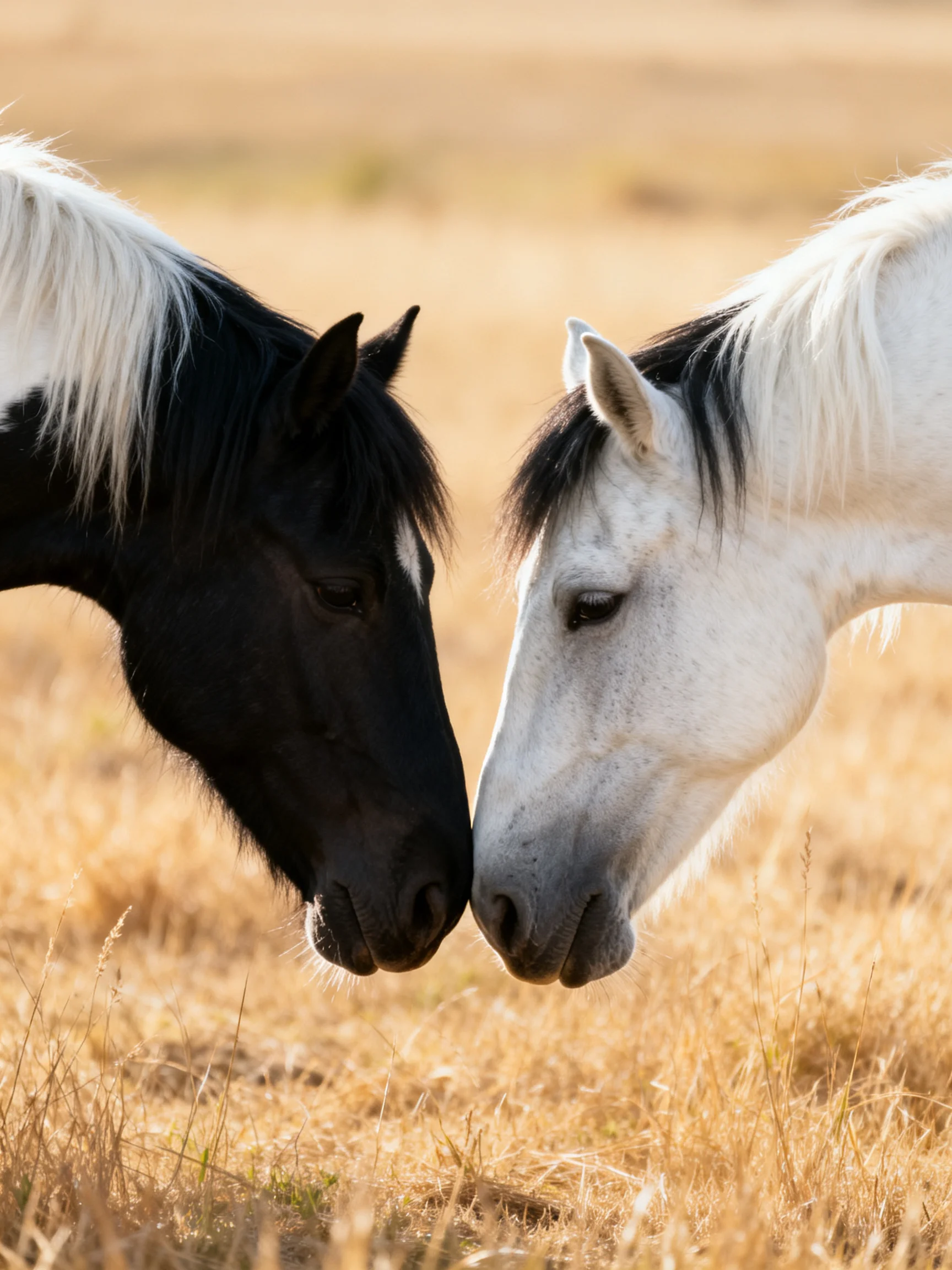 A black and white pair of horses nuzzling in a golden field