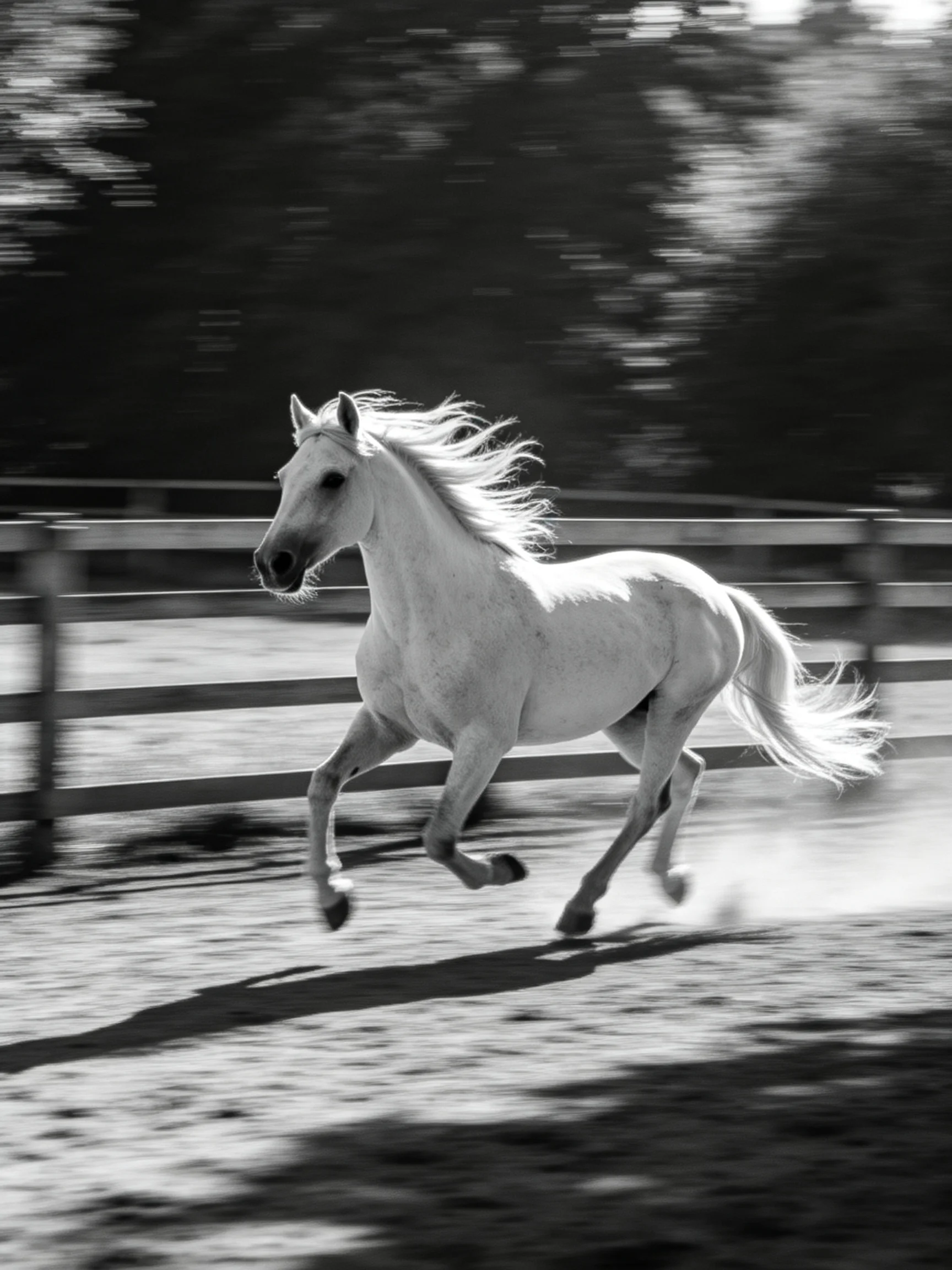 A black-and-white photograph of a white horse galloping near a fence