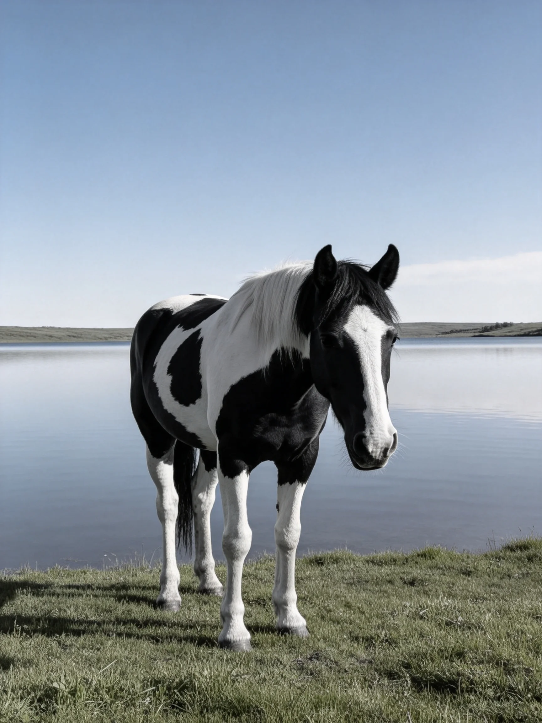 A black and white pinto horse stands by calm waters