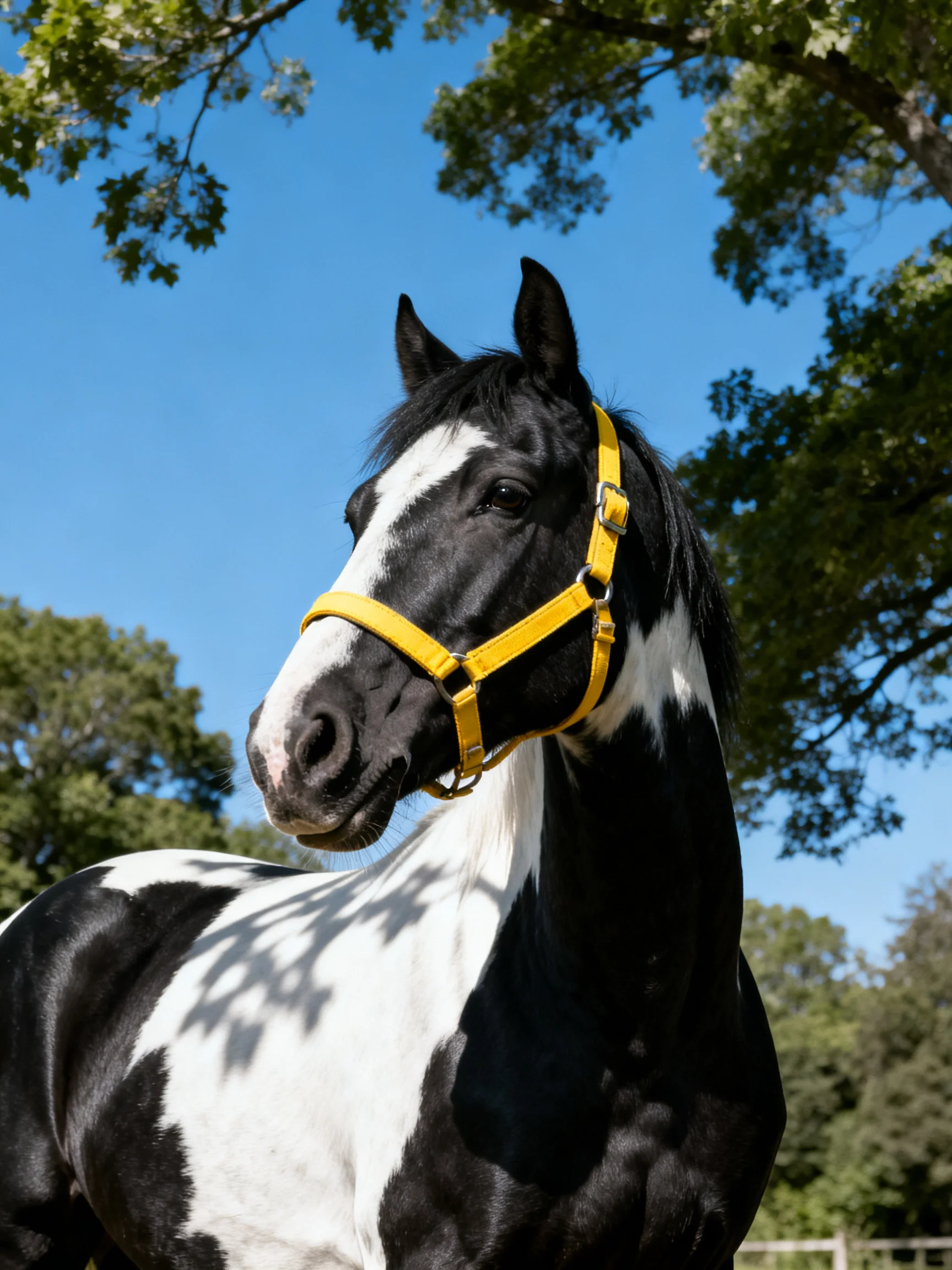 A black and white pinto horse wearing a bright yellow halter outdoors