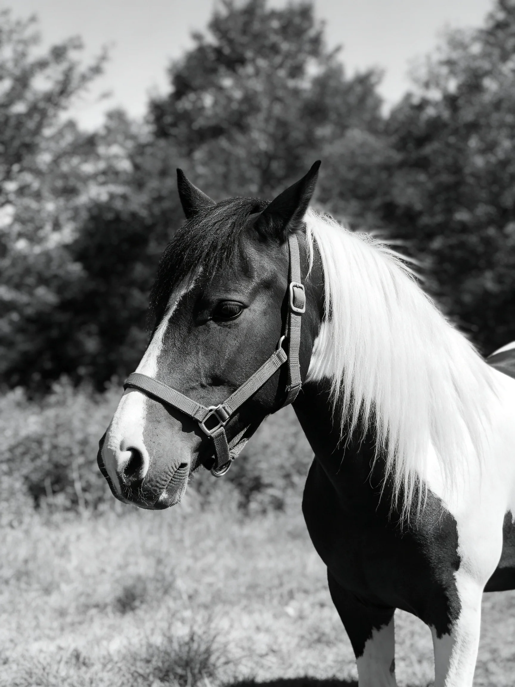 A black and white pinto horse with a long white mane in nature
