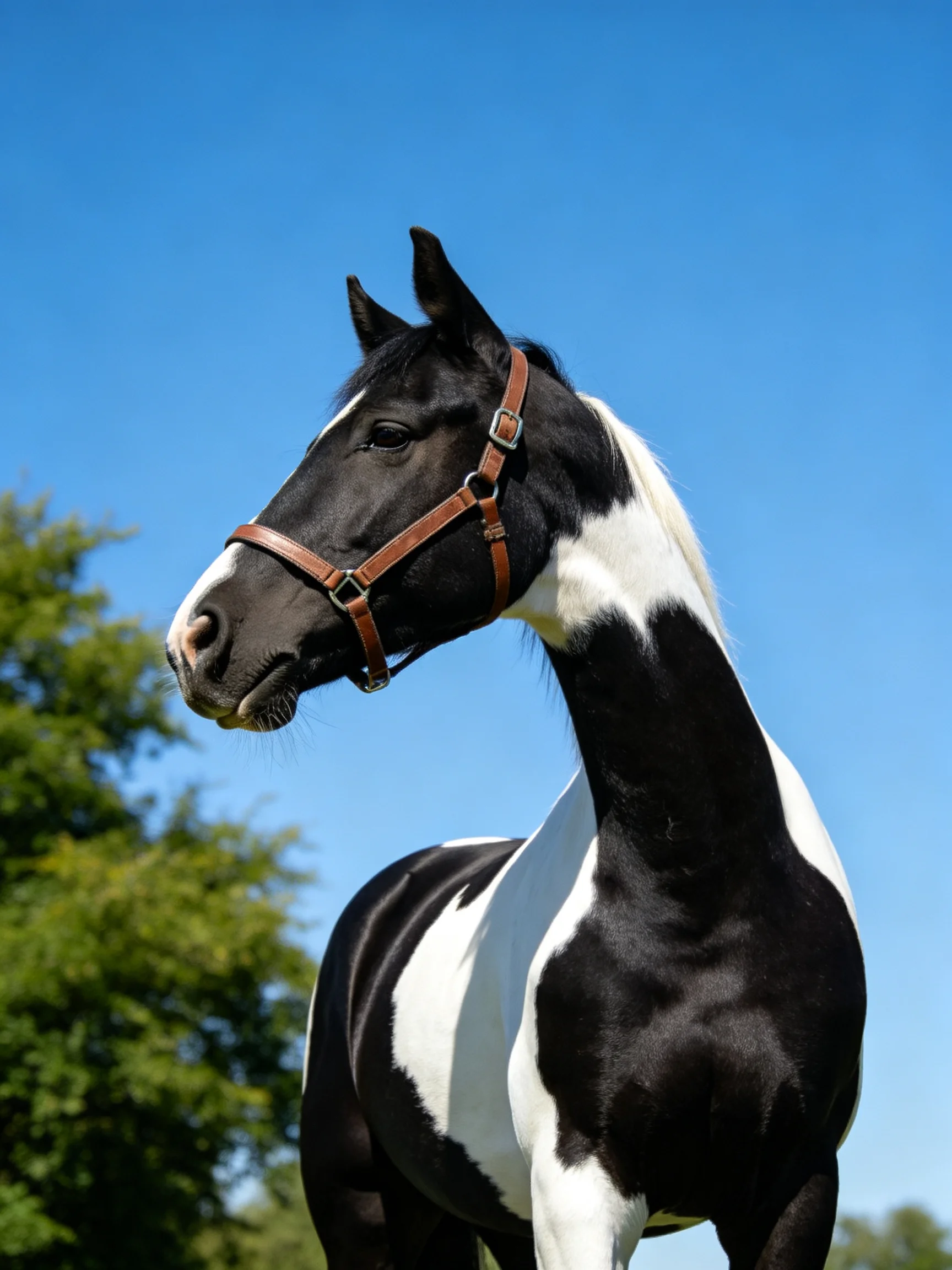 A black and white pinto horse with brown halter under clear blue sky