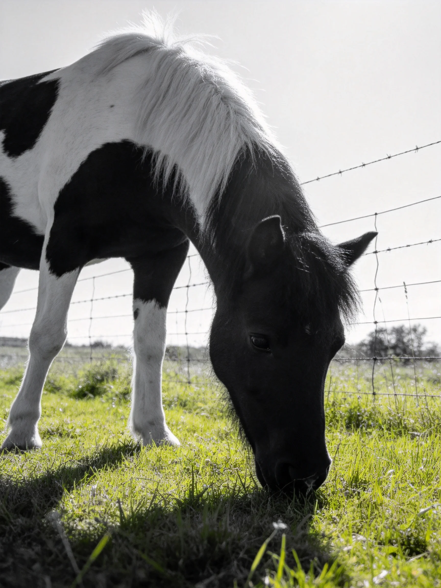 A black and white pony grazing near a wire fence in a sunny pasture
