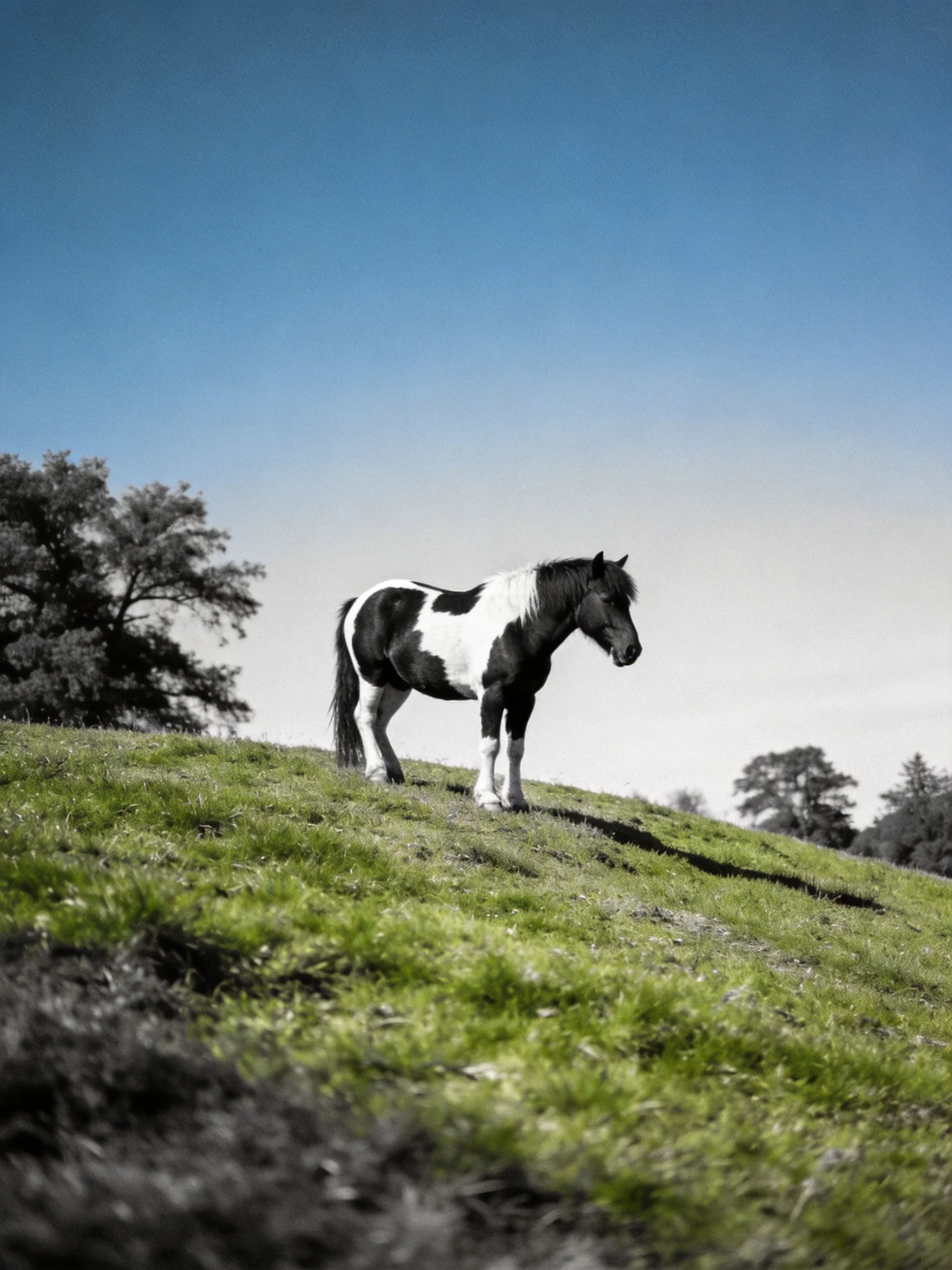 A black and white pony on a lush green hillside under a clear blue sky