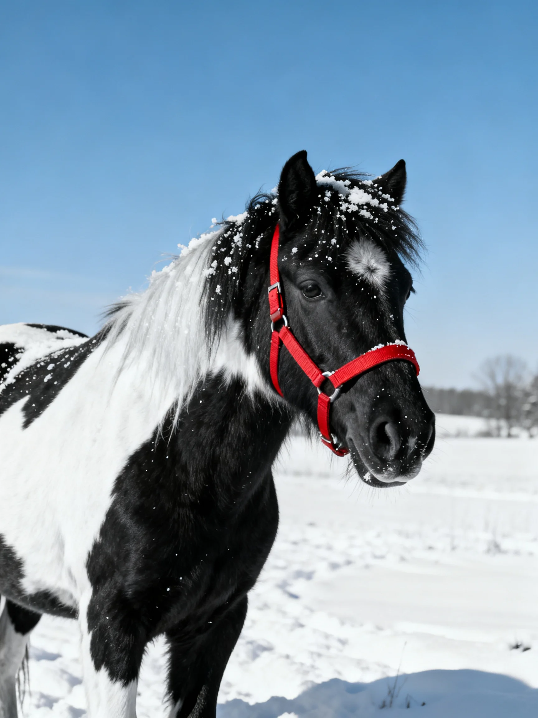 A black and white pony with red halter in a snowy field