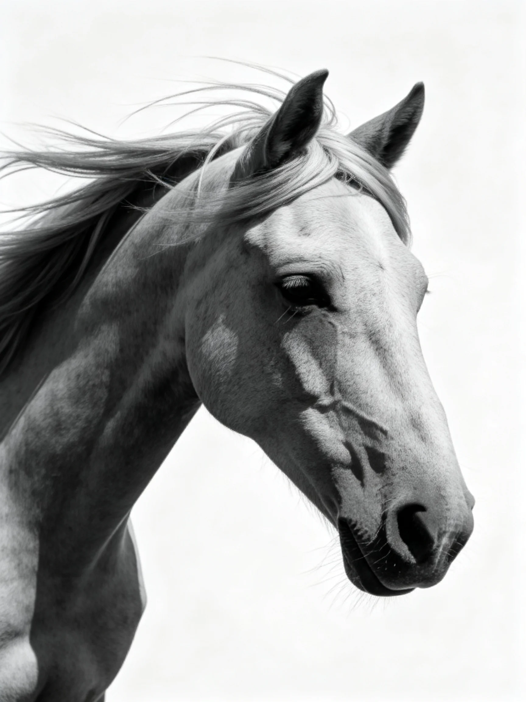 A black and white close - up shows a horse with a flowing mane.