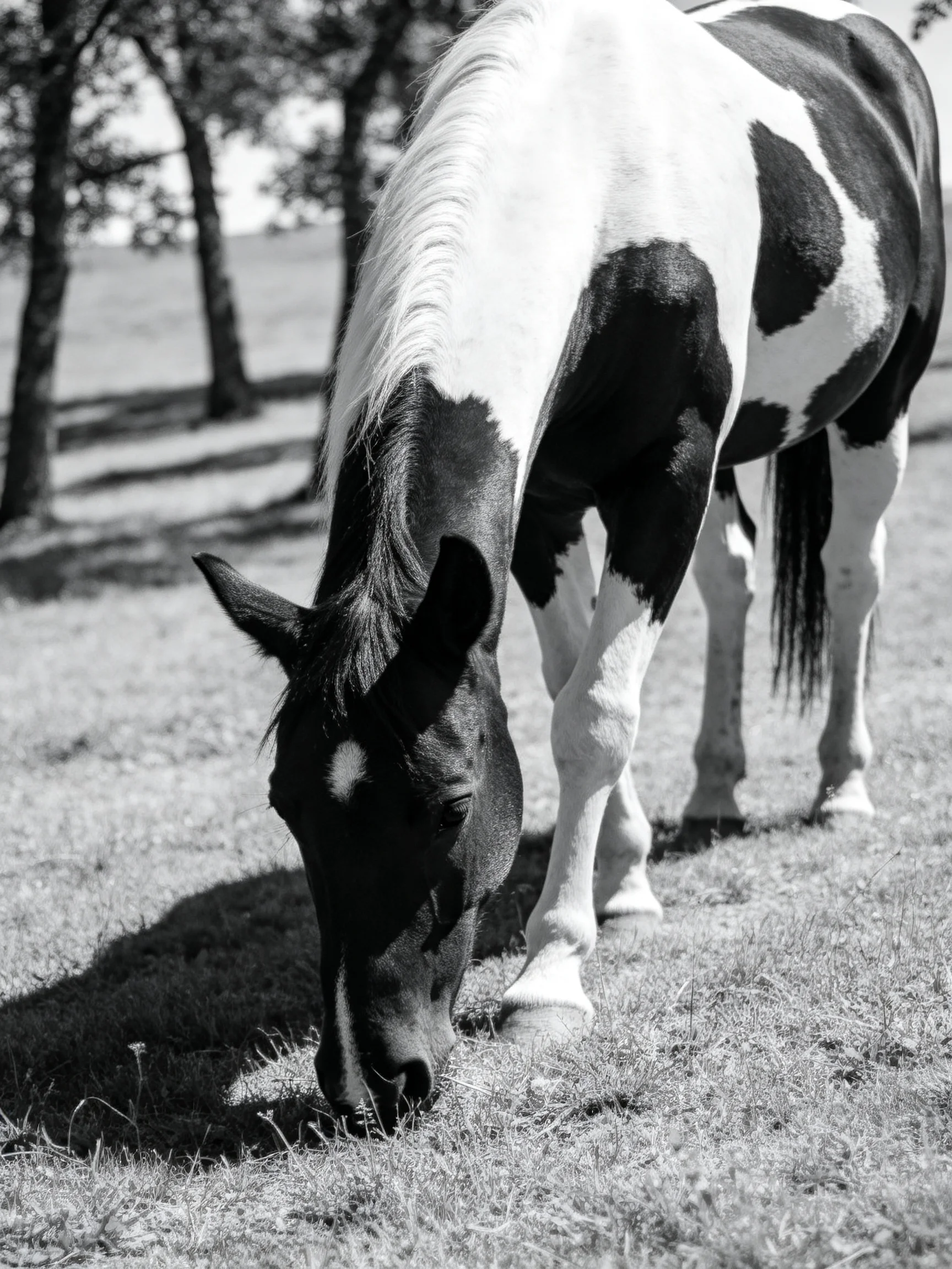A black and white spotted horse grazes in a sunlit field.