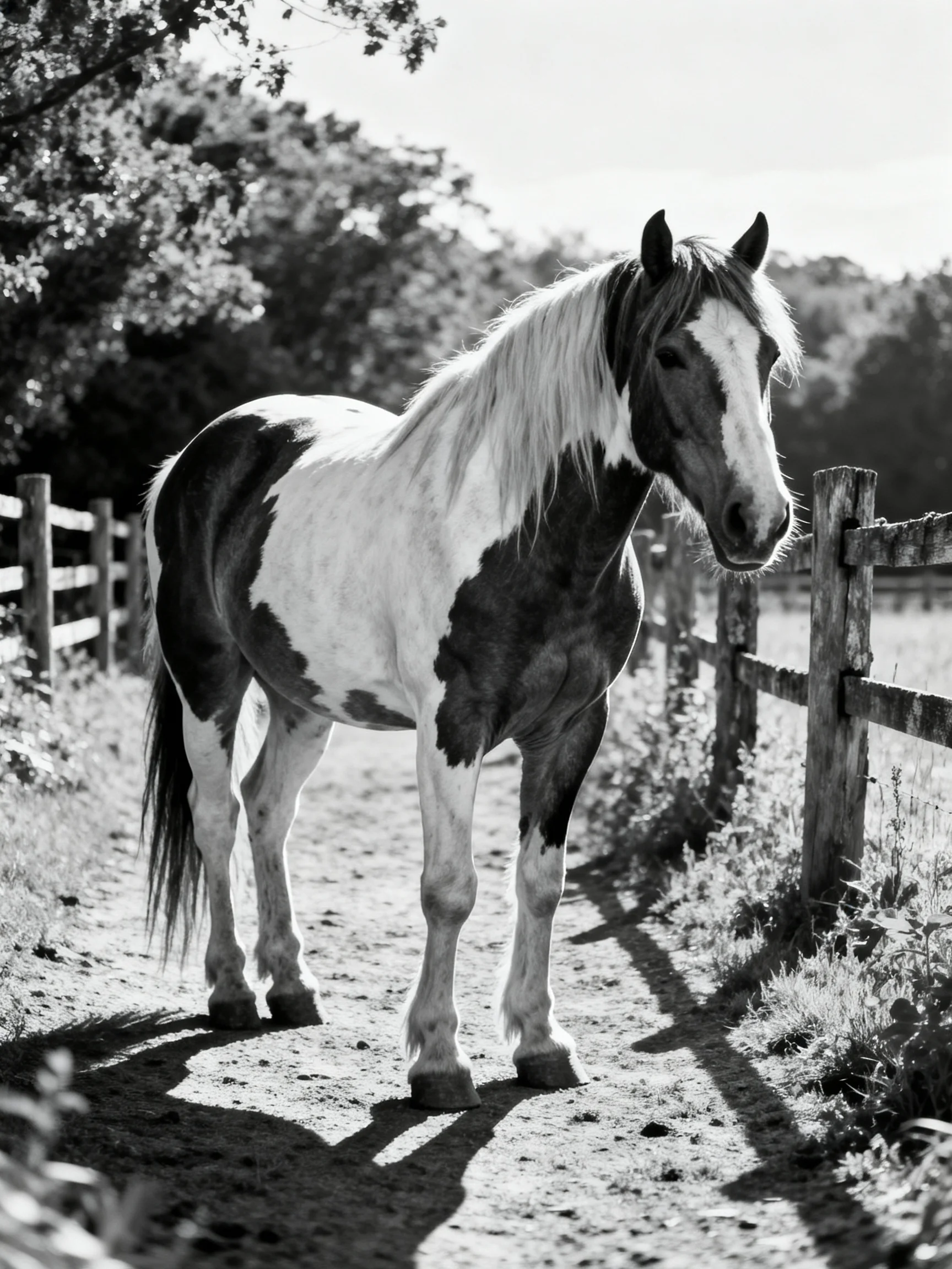 A black-and-white spotted horse near a weathered wooden fence