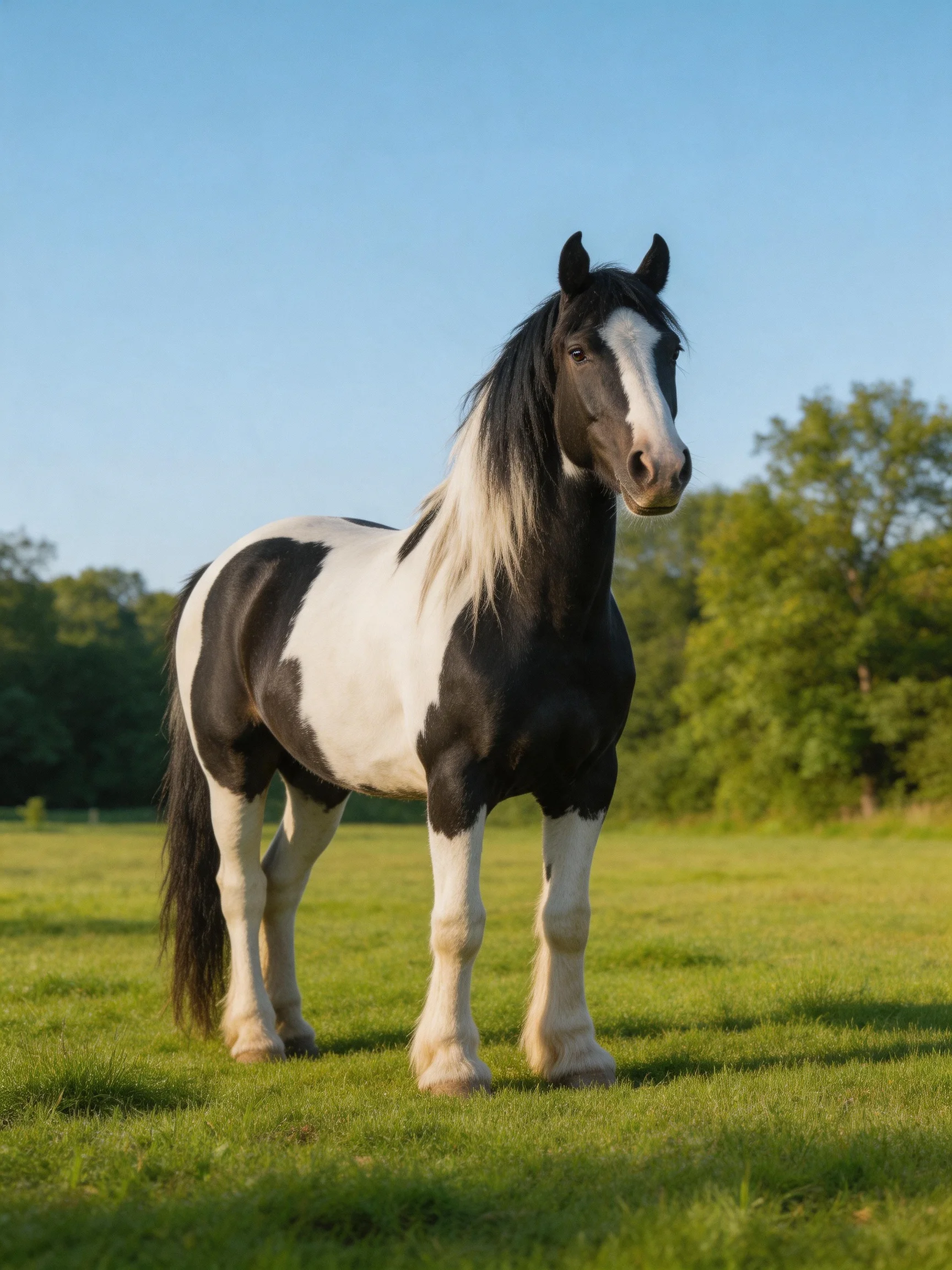 A black and white spotted horse stands in a sunlit meadow.