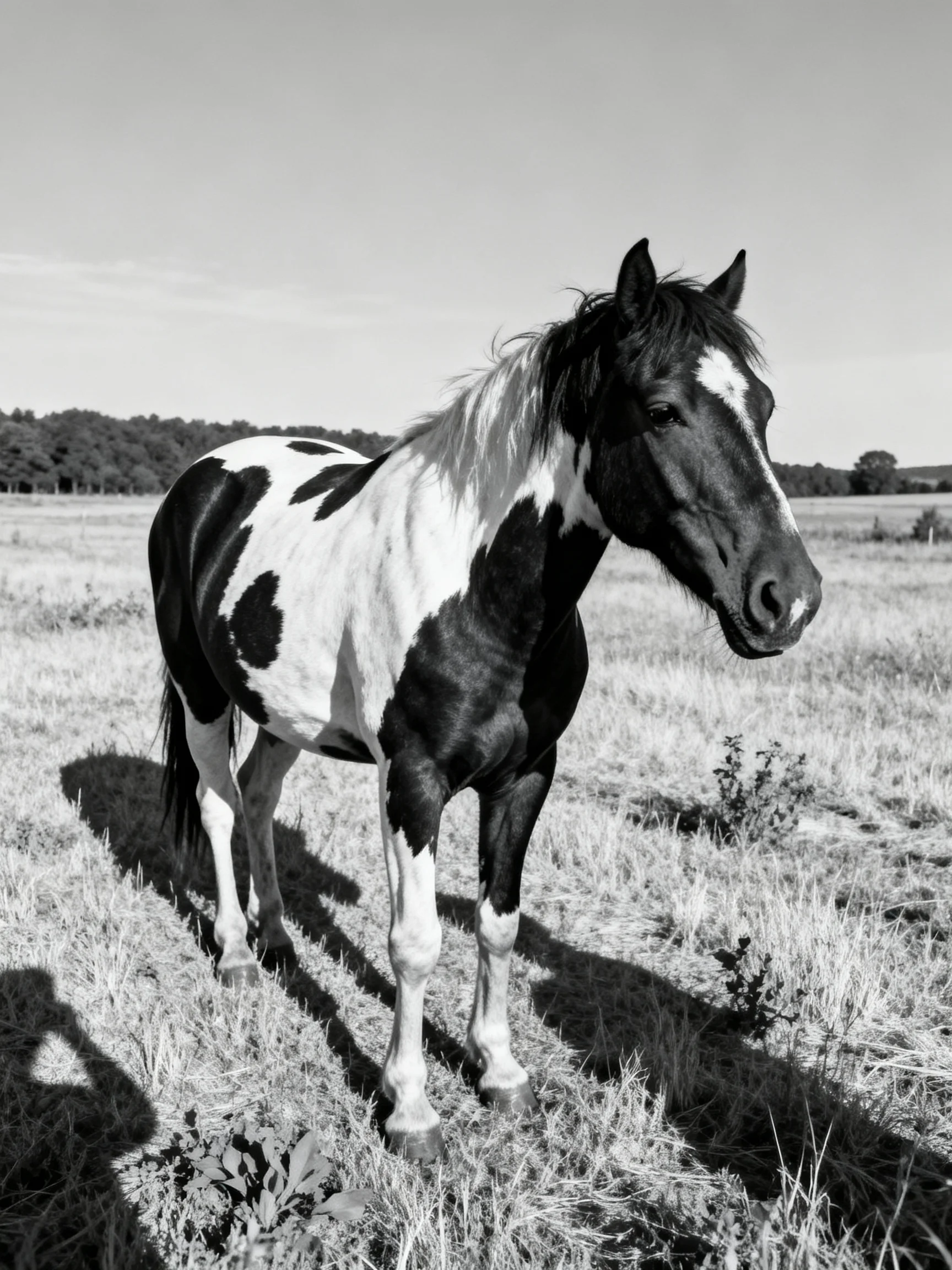 A black and white spotted horse stands in a sunlit open field.