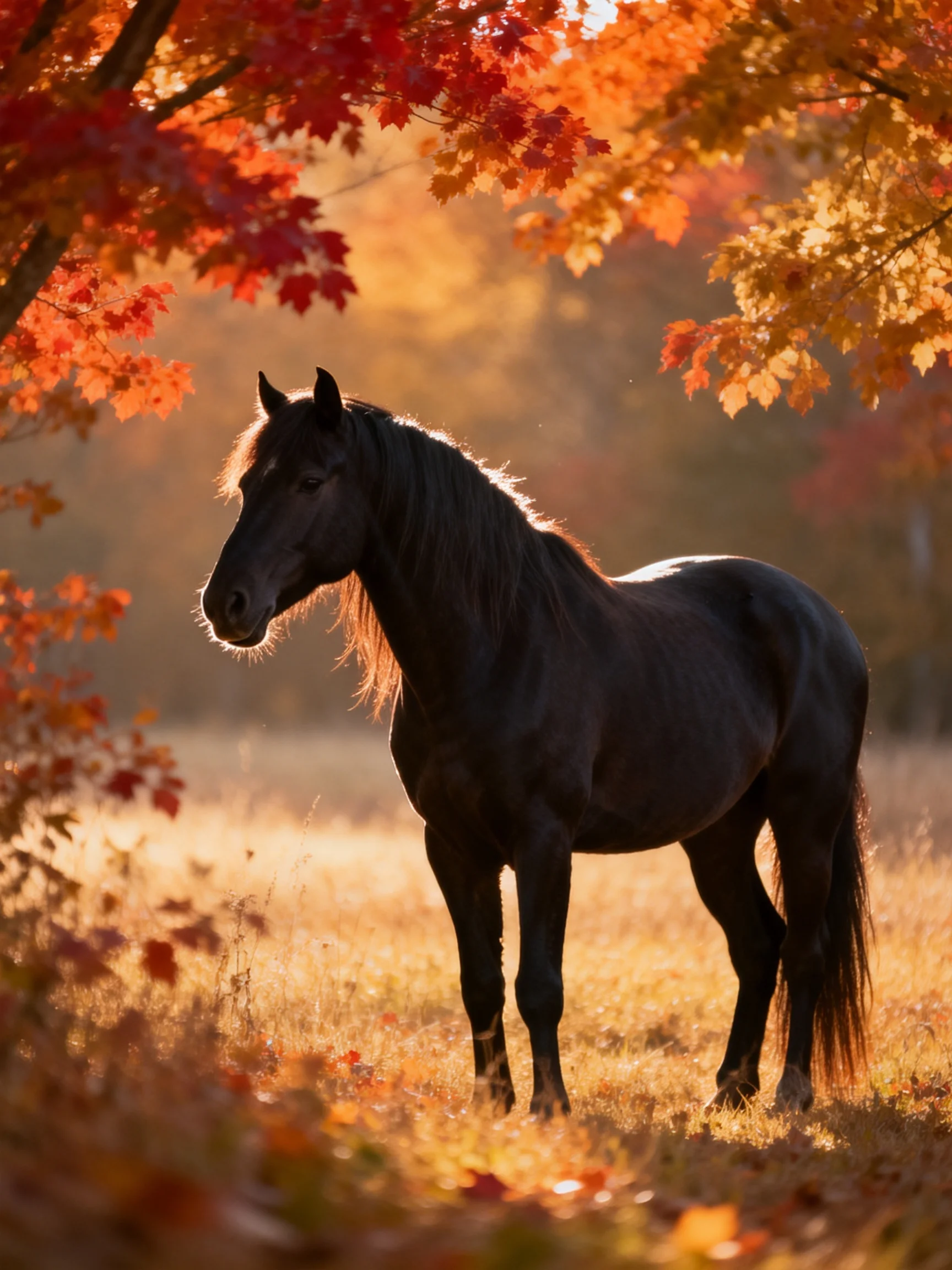 A black horse amidst vibrant autumn foliage in a golden field