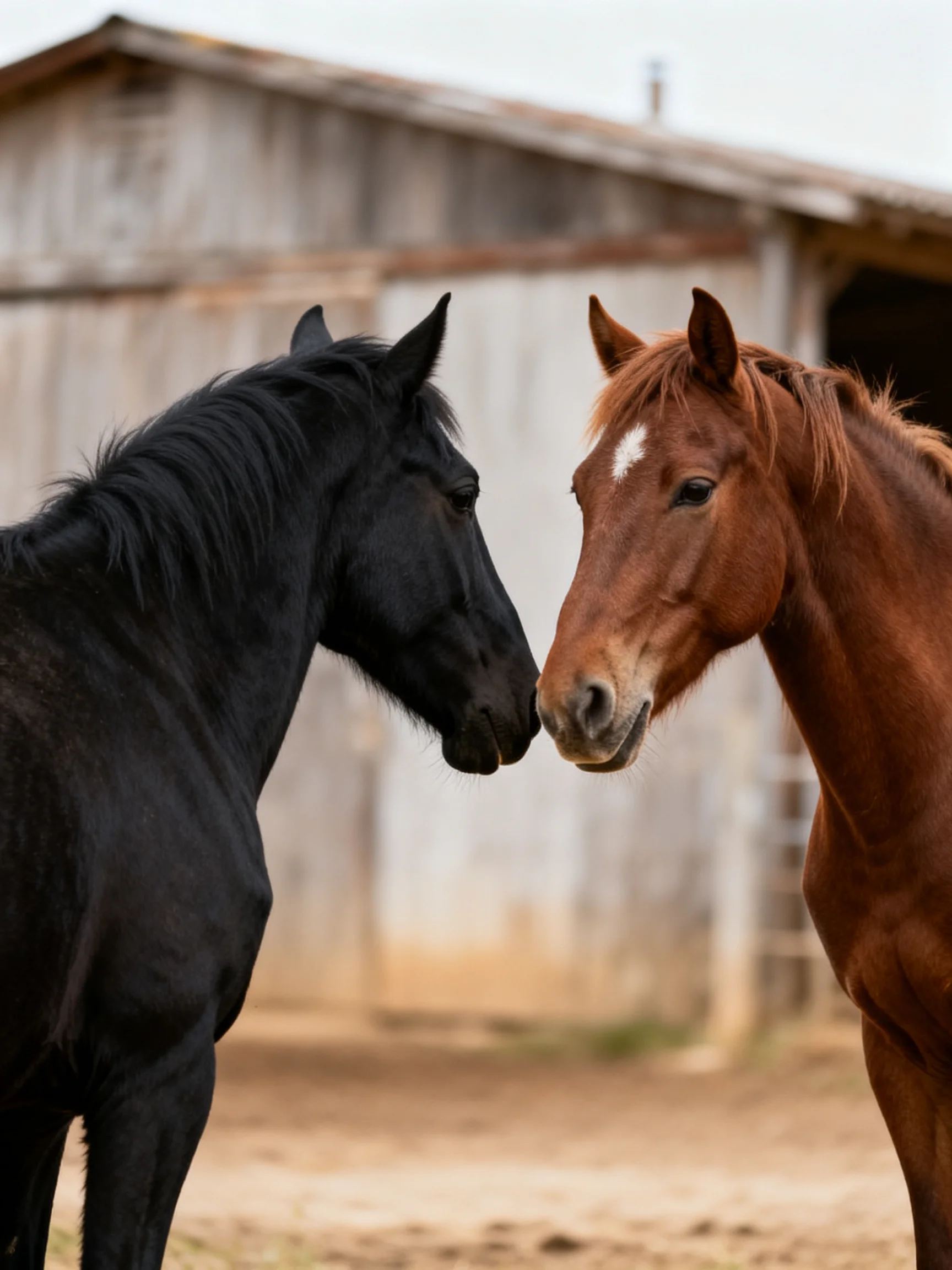A black horse and chestnut horse nuzzle beside an aged wooden barn