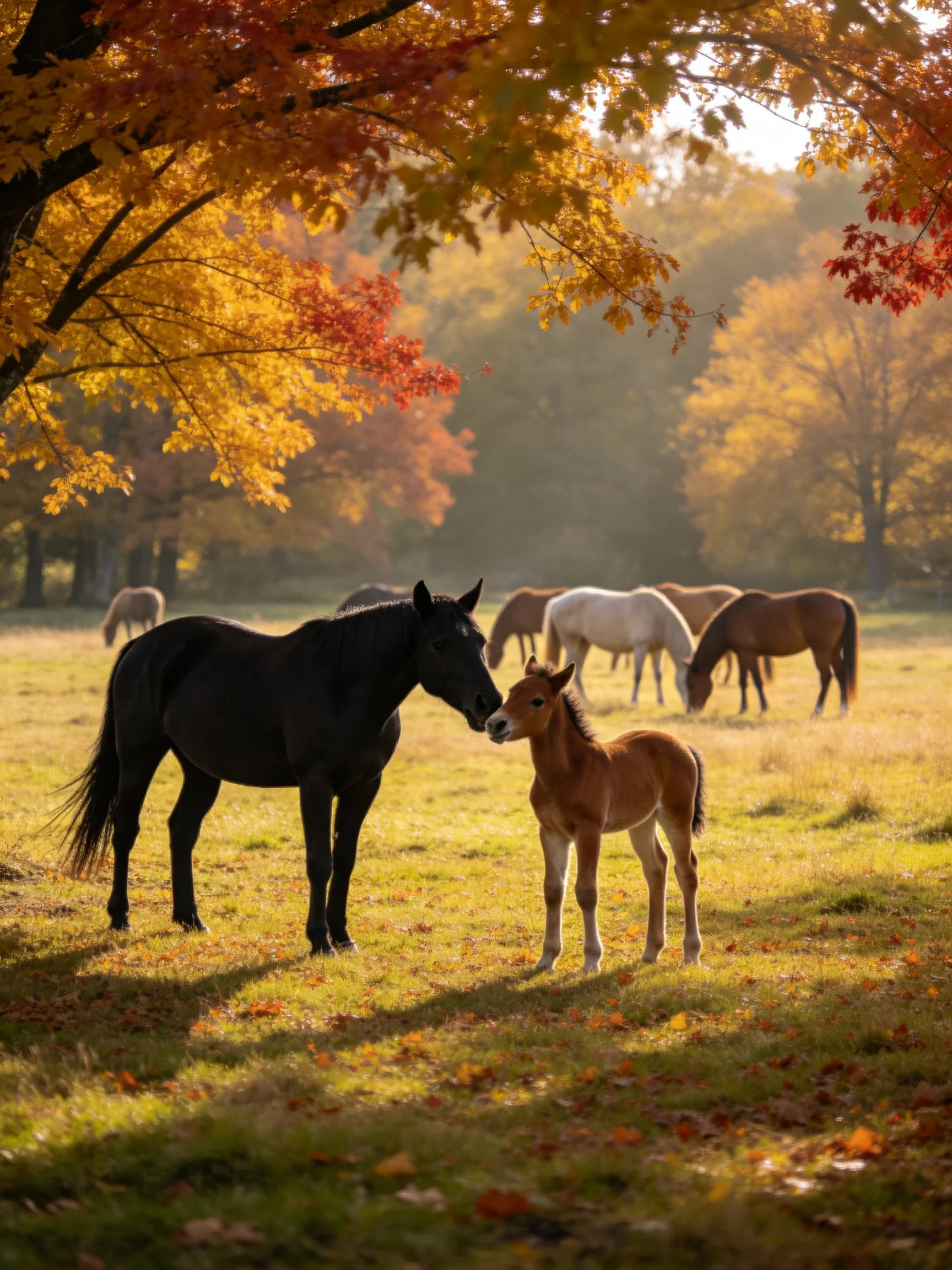A black horse and foal interact amid golden autumn foliage with grazing horses