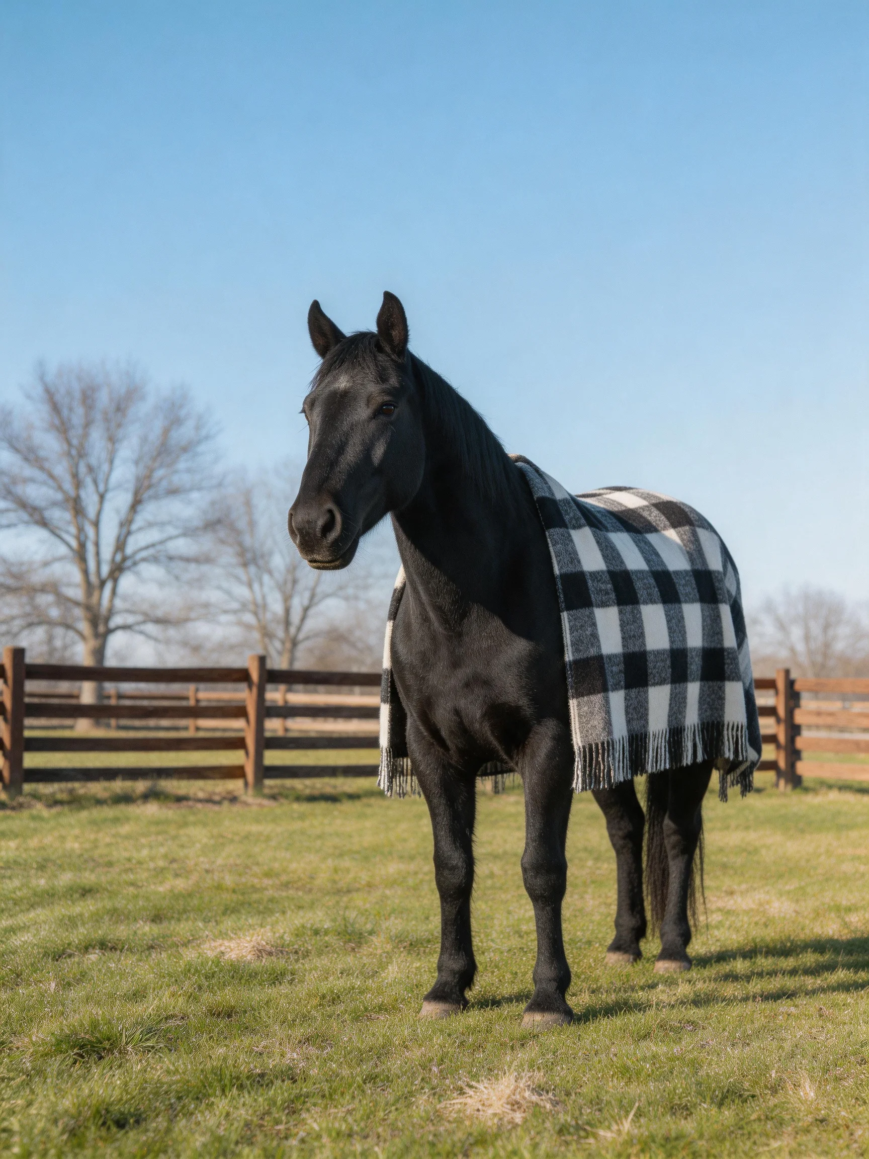 A black horse draped in a black-and-white checkered blanket in an open field