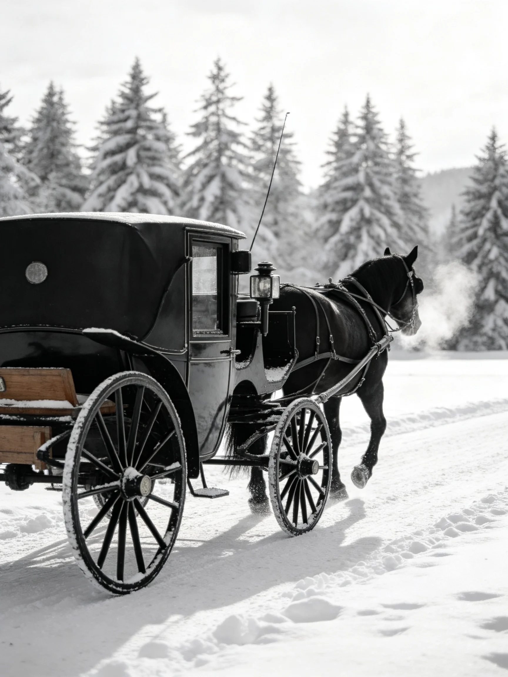 A black horse-drawn carriage travels through a snow-covered forest