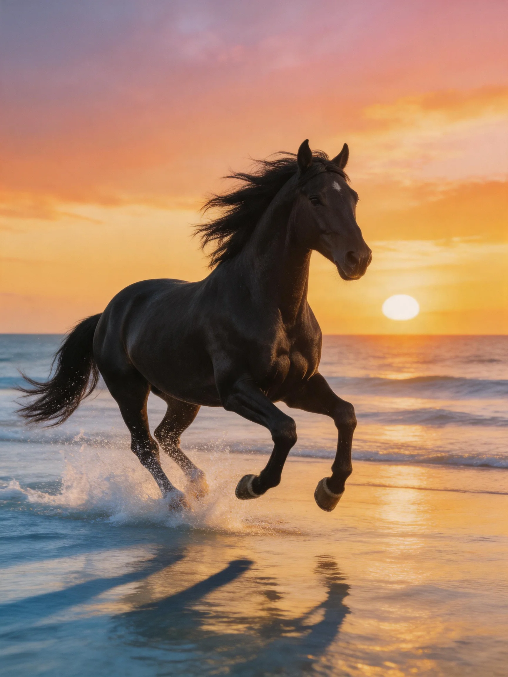 A black horse galloping on a sandy beach at sunset