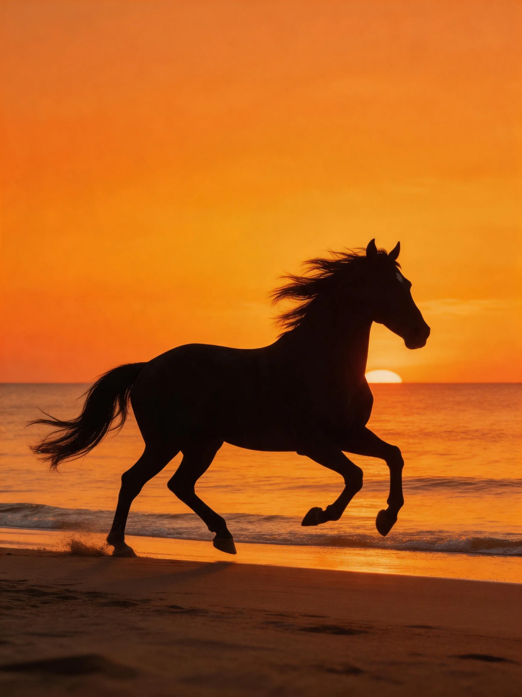 A black horse galloping on a sandy beach under a blazing orange sunset