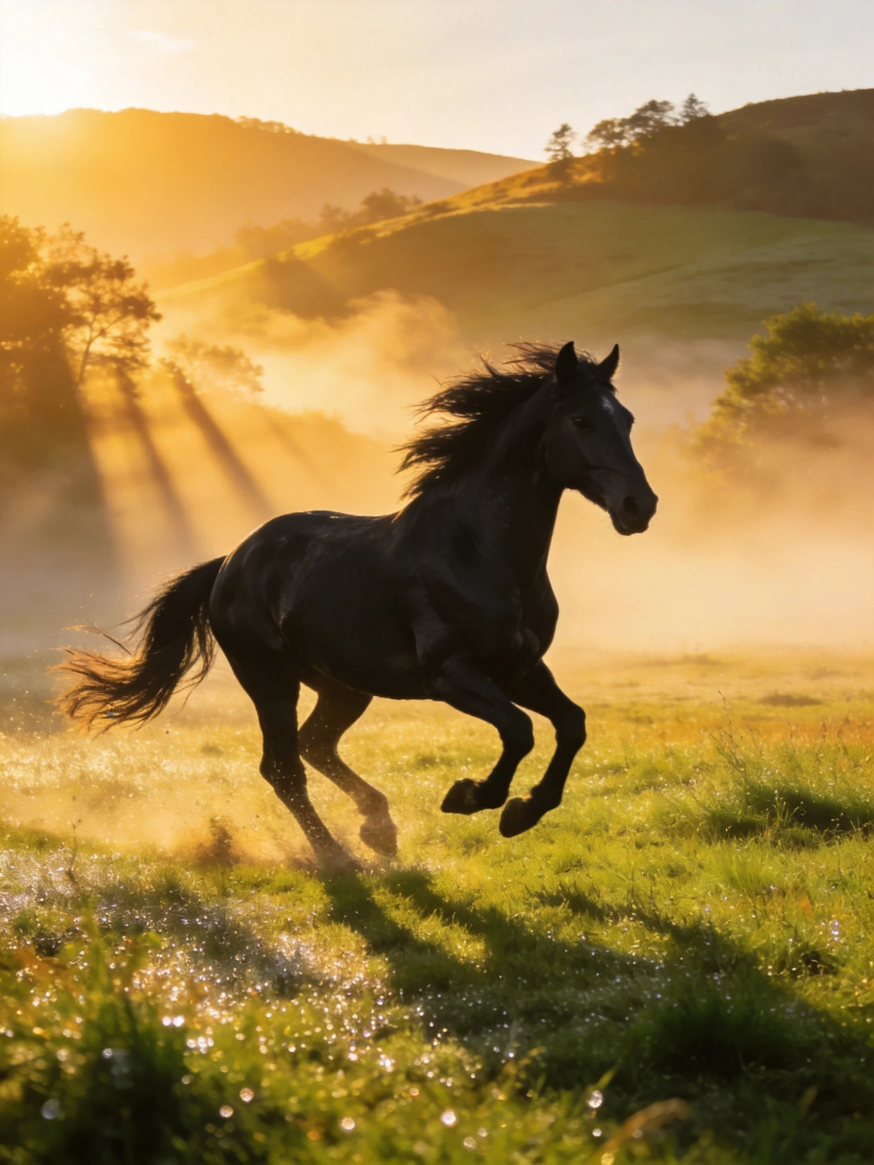 A black horse galloping through a golden morning meadow