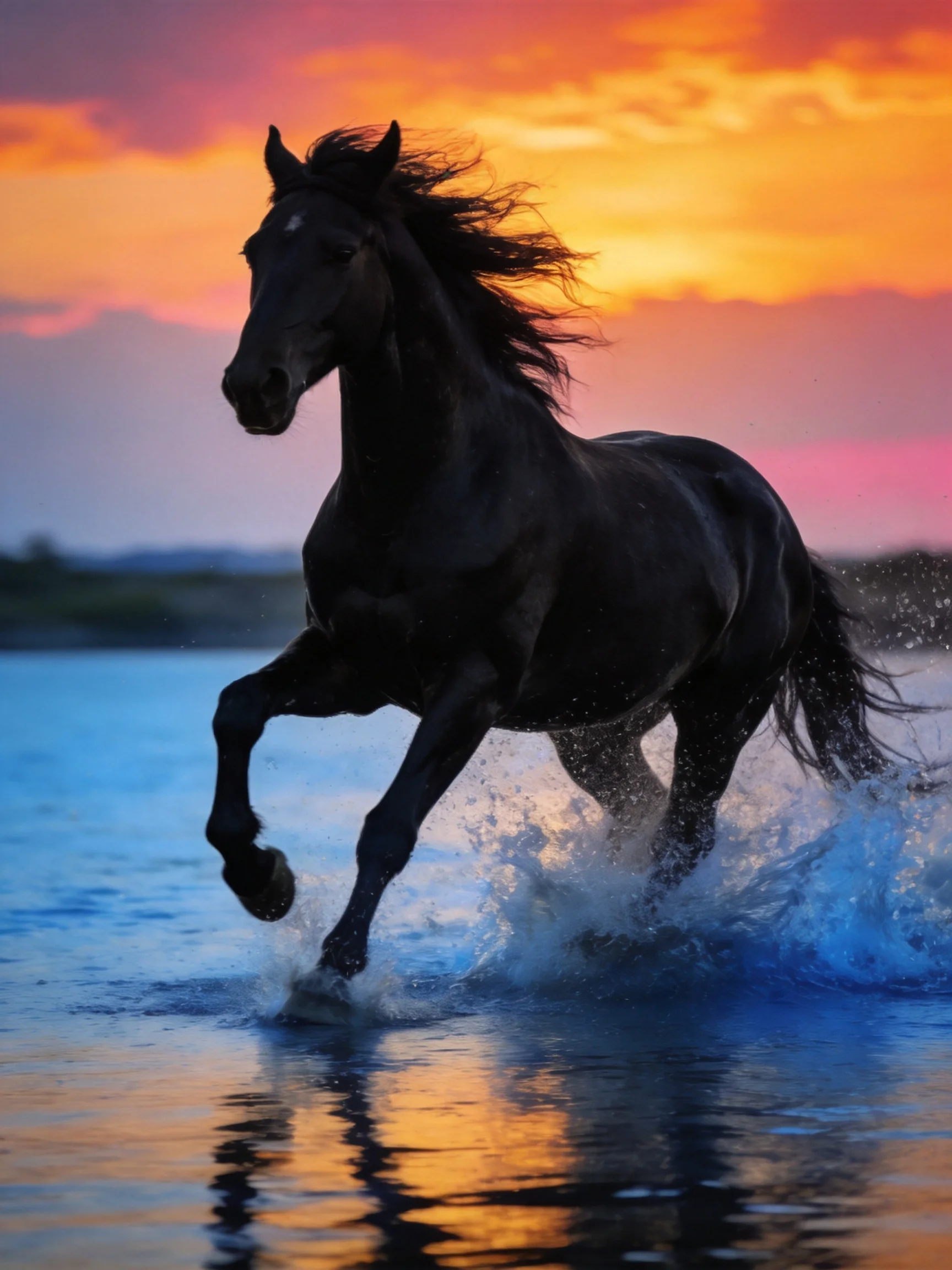A black horse galloping through blue water under vibrant sunset skies
