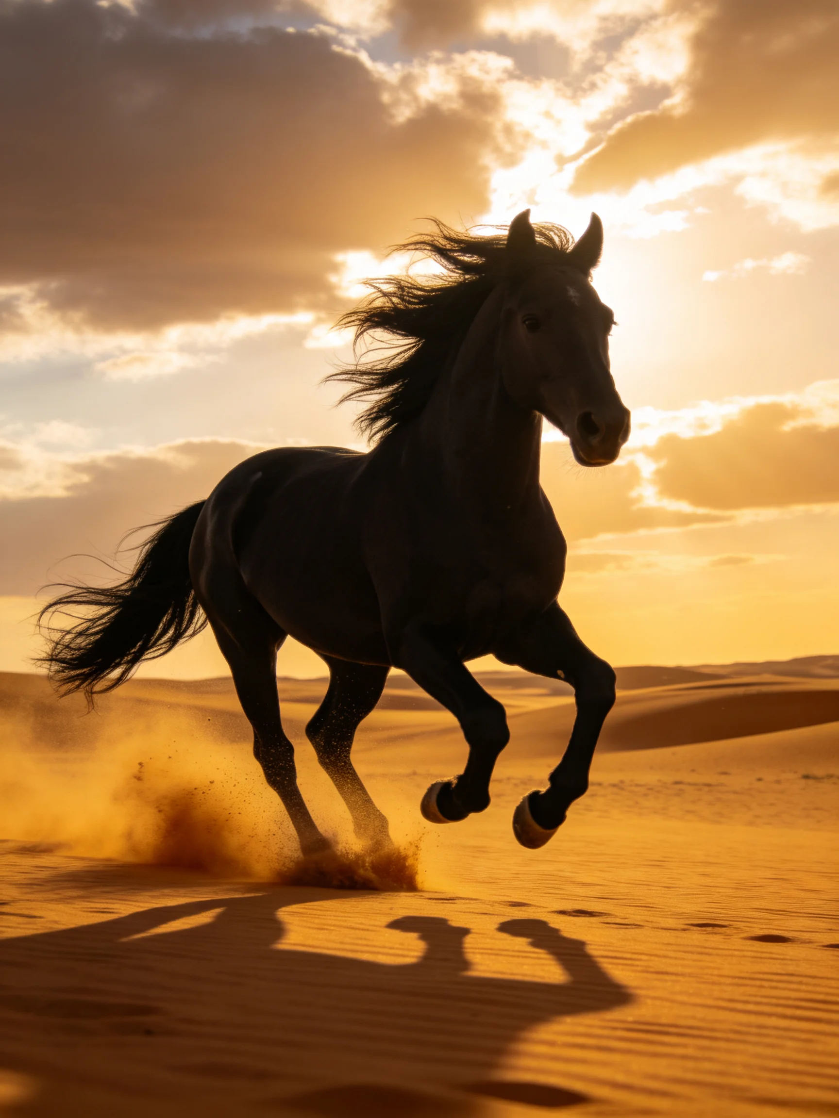 A black horse gallops through golden desert sand as the sun sets.