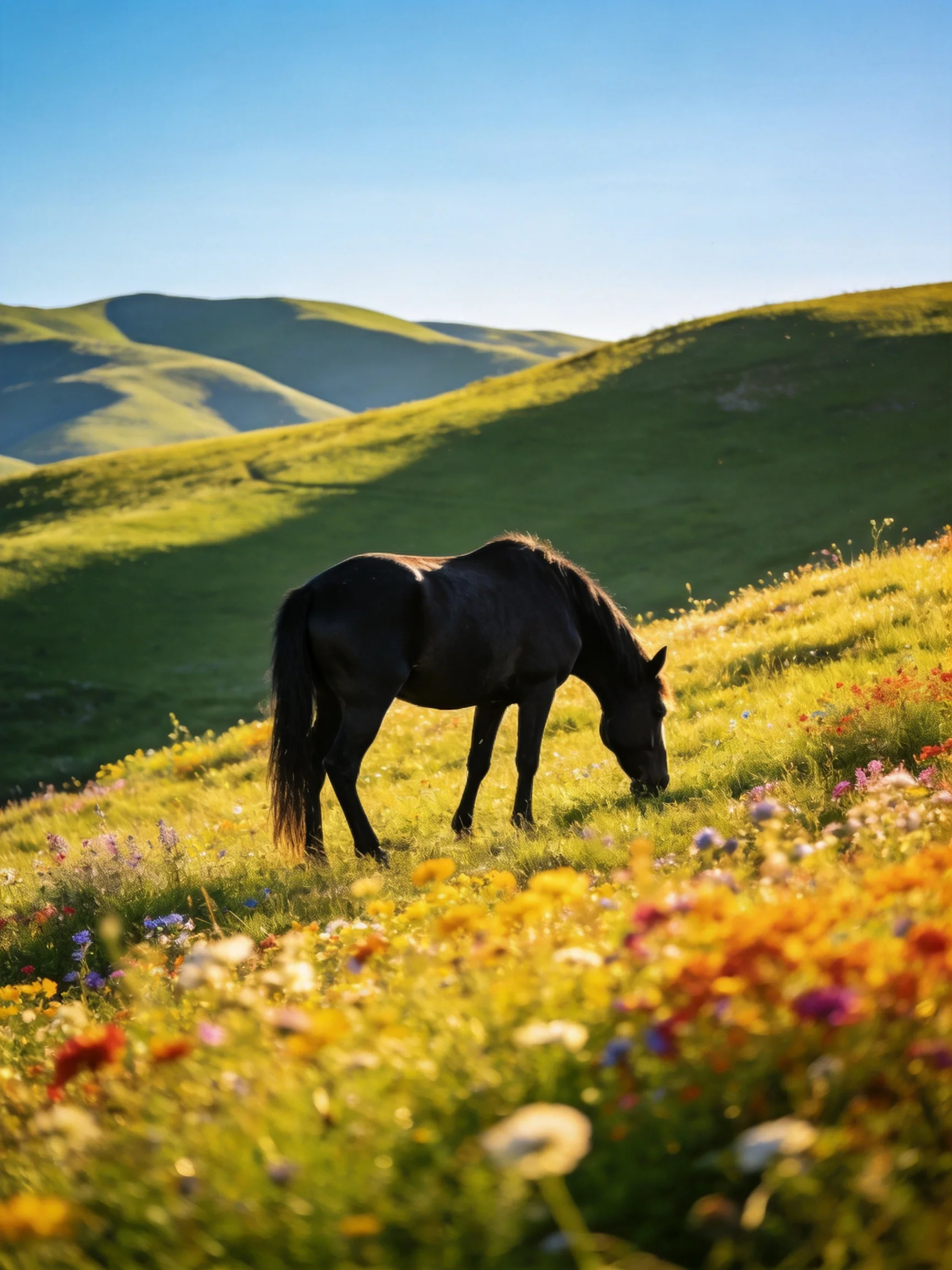 A black horse grazes among vibrant wildflowers on rolling green hills