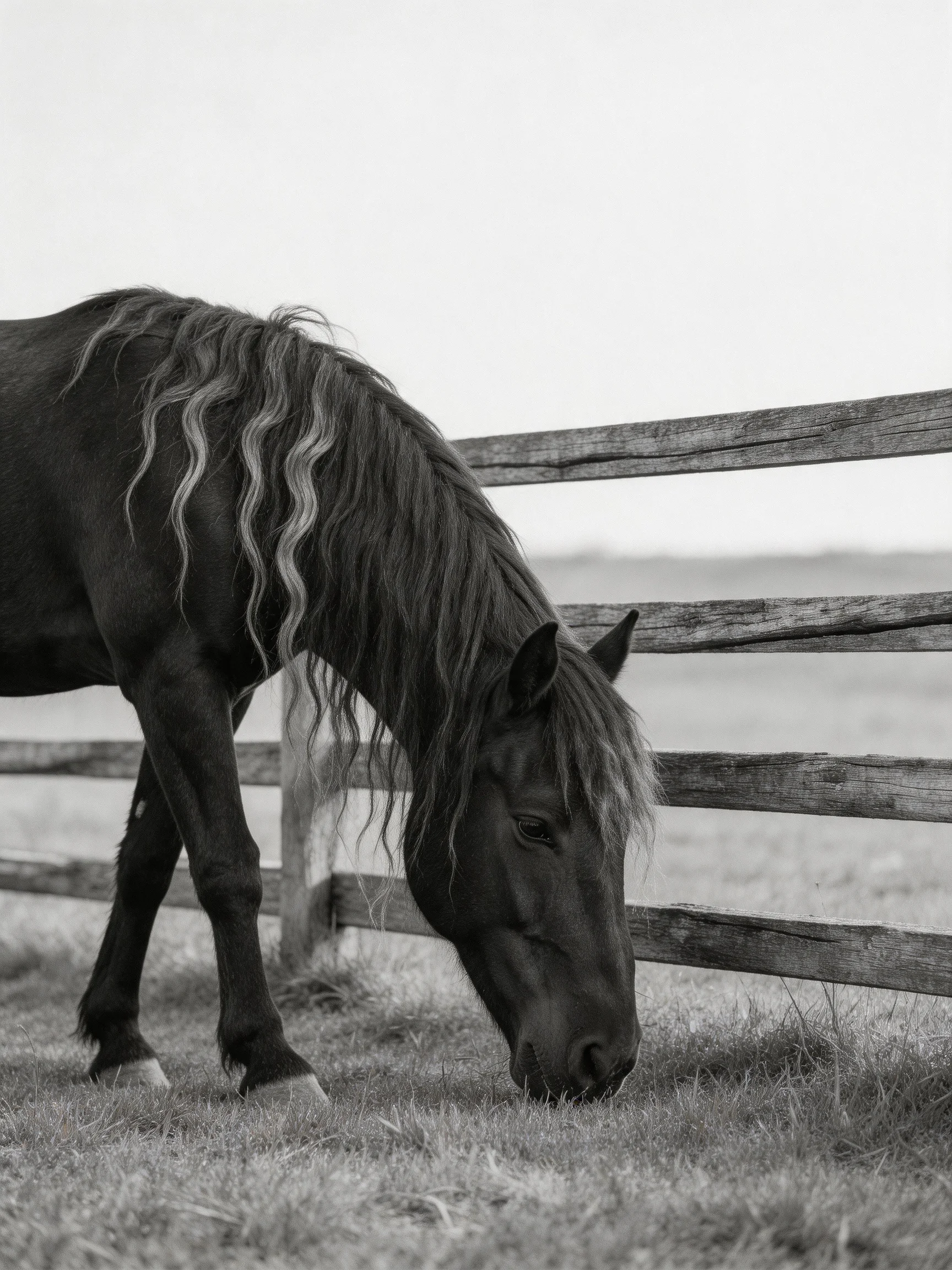 A black horse grazes near a wooden fence in an open grassy area