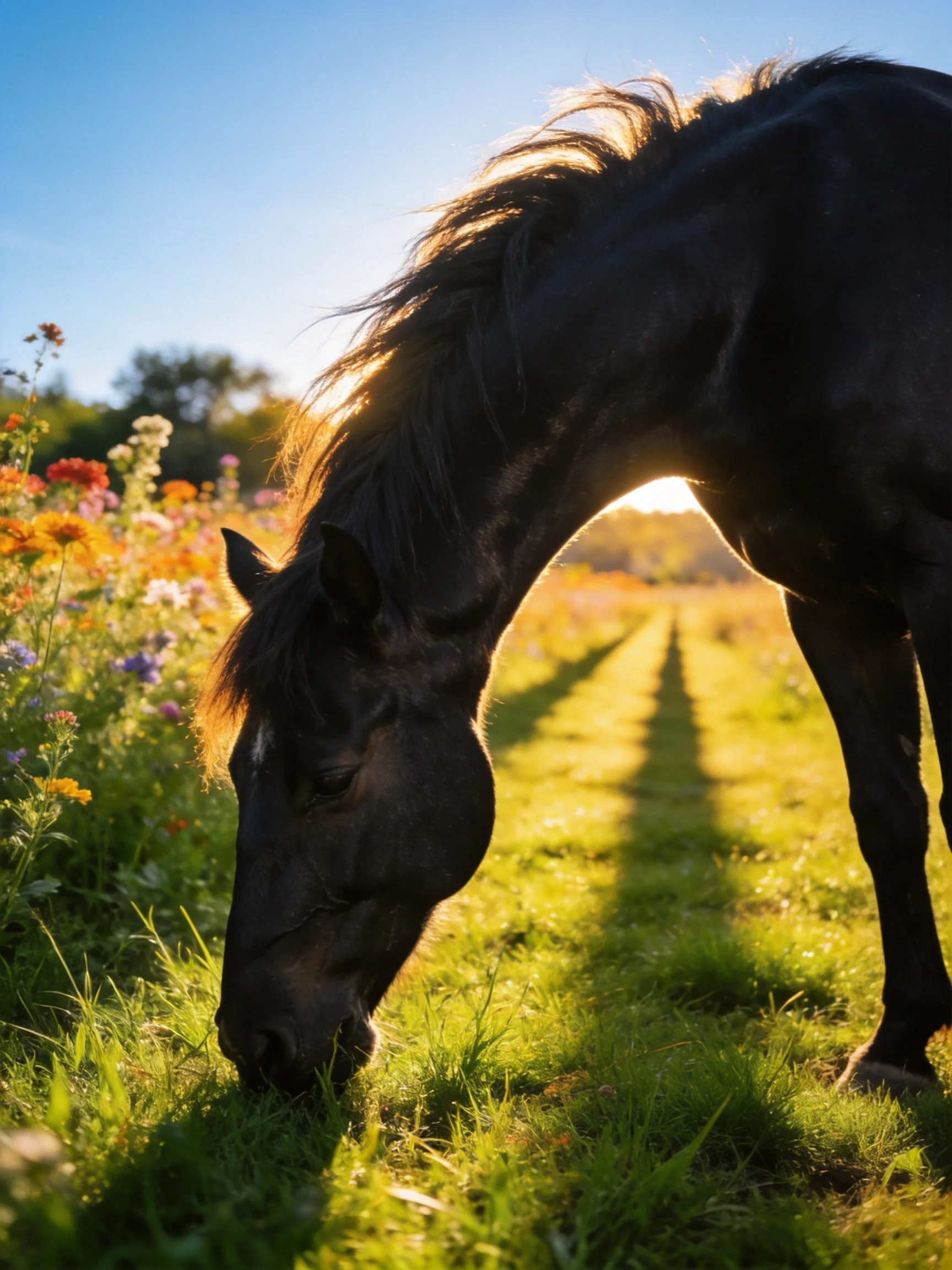 A black horse feeds among vibrant wildflowers in a sunlit meadow.